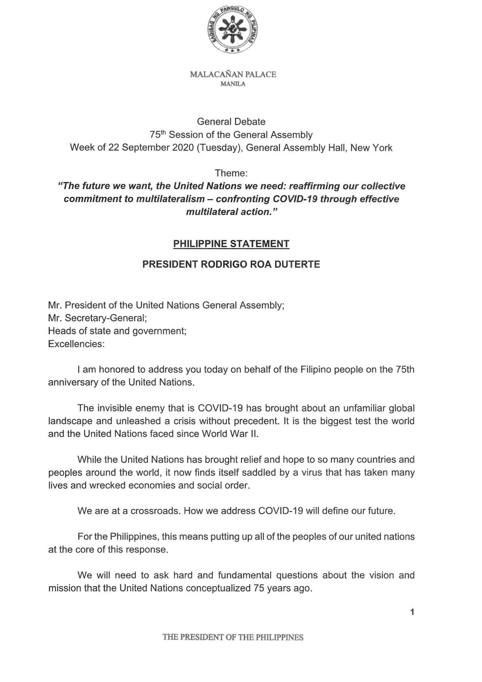 Philippine Statement at the 75th Session of the UN General Assembly Page 1