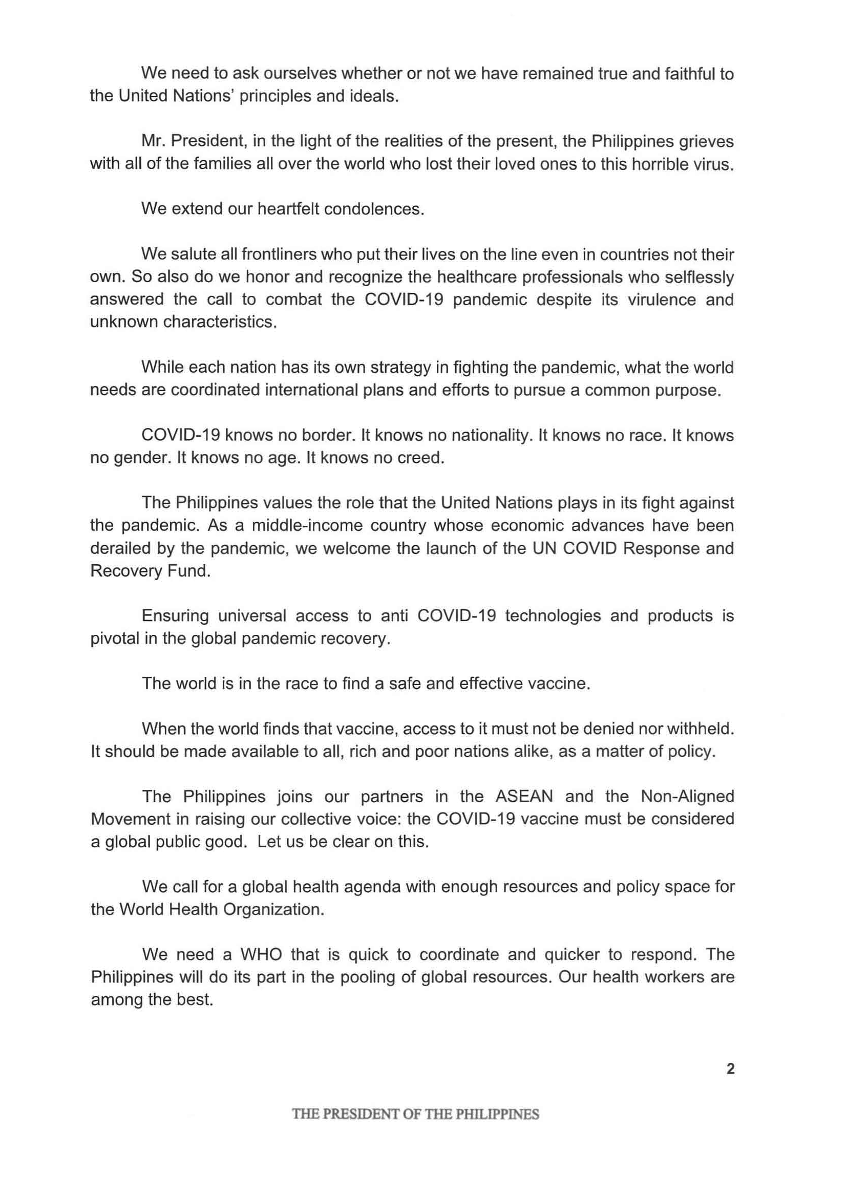 Philippine Statement at the 75th Session of the UN General Assembly Page 2