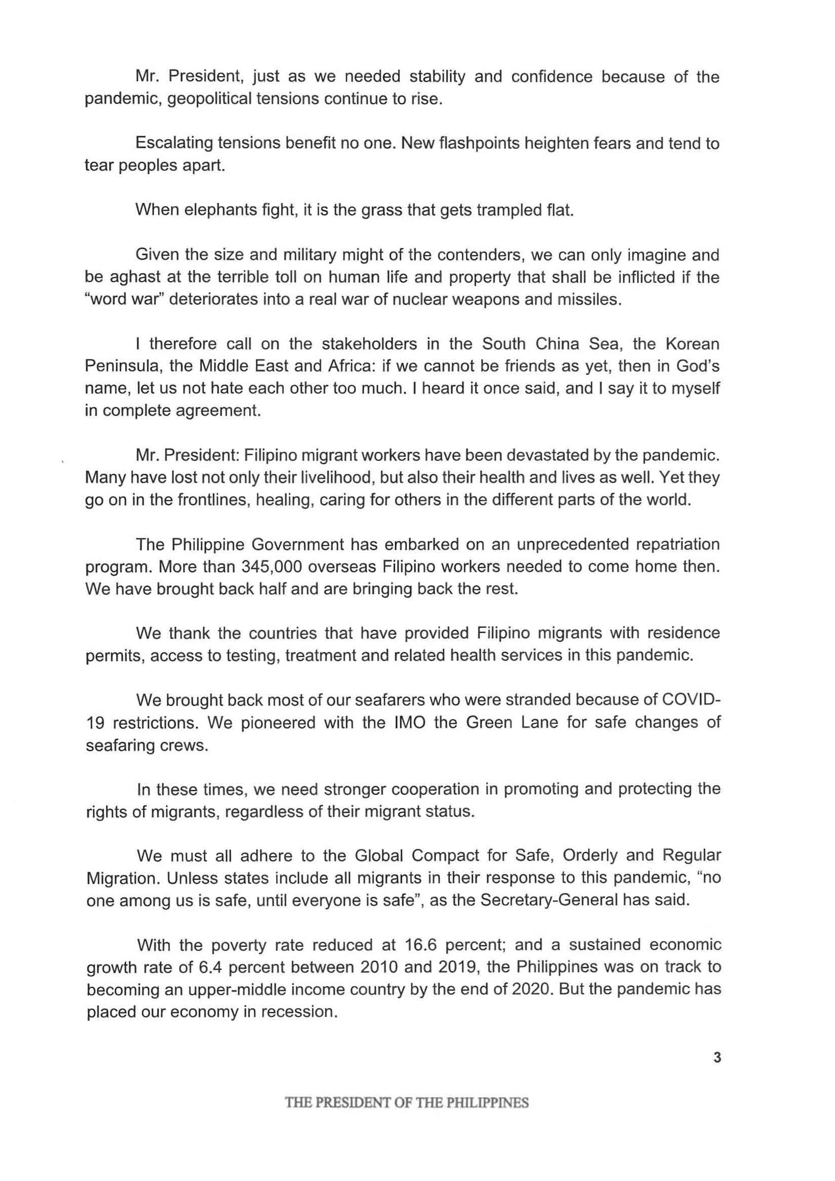 Philippine Statement at the 75th Session of the UN General Assembly Page 3