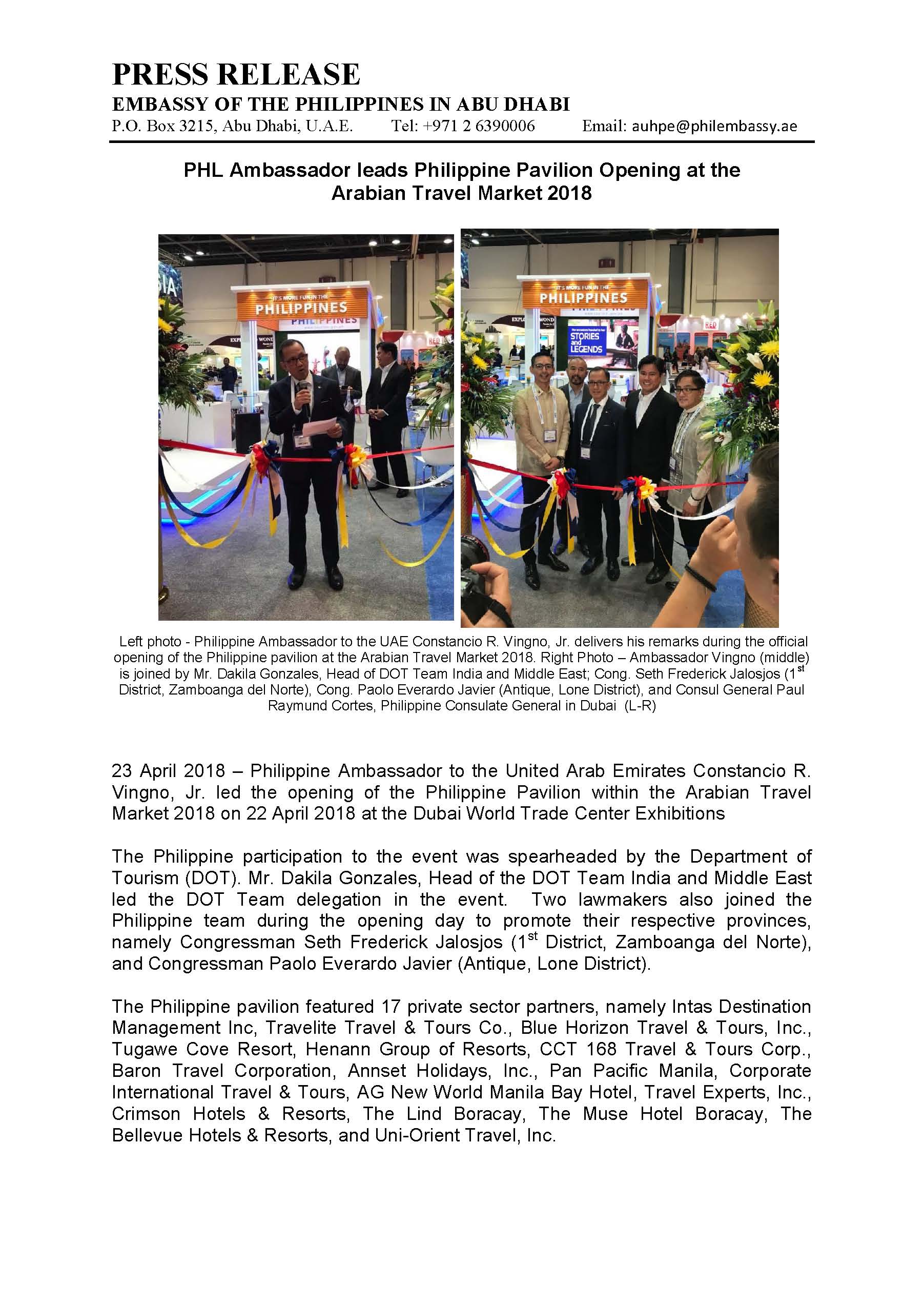 PRESS RELEASE Philippine Ambassador leads Philippine Pavilion Opening at the ATM 23April201811
