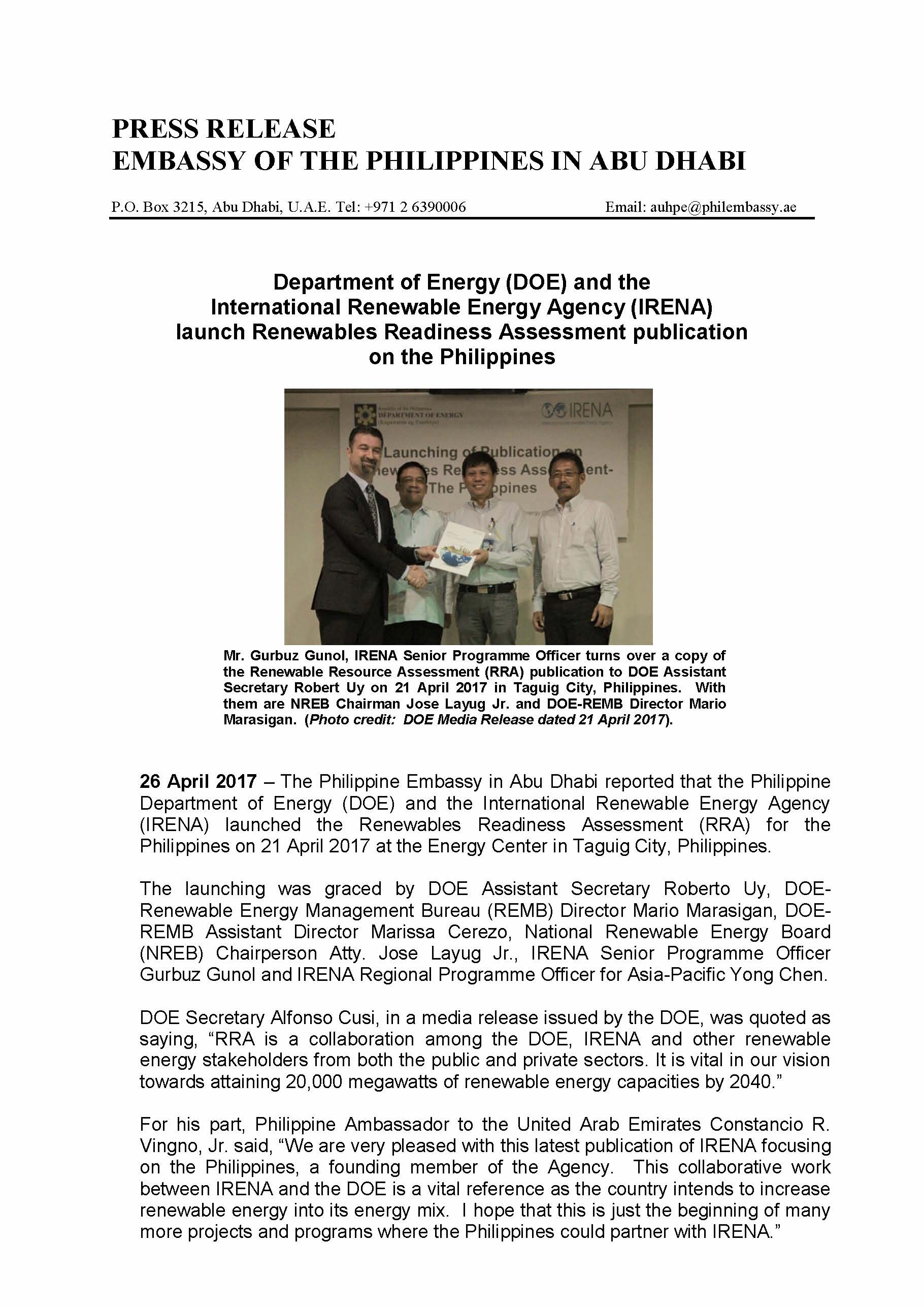 PR Launching of RRA for PH by DOE IRENA 170421 Page 1