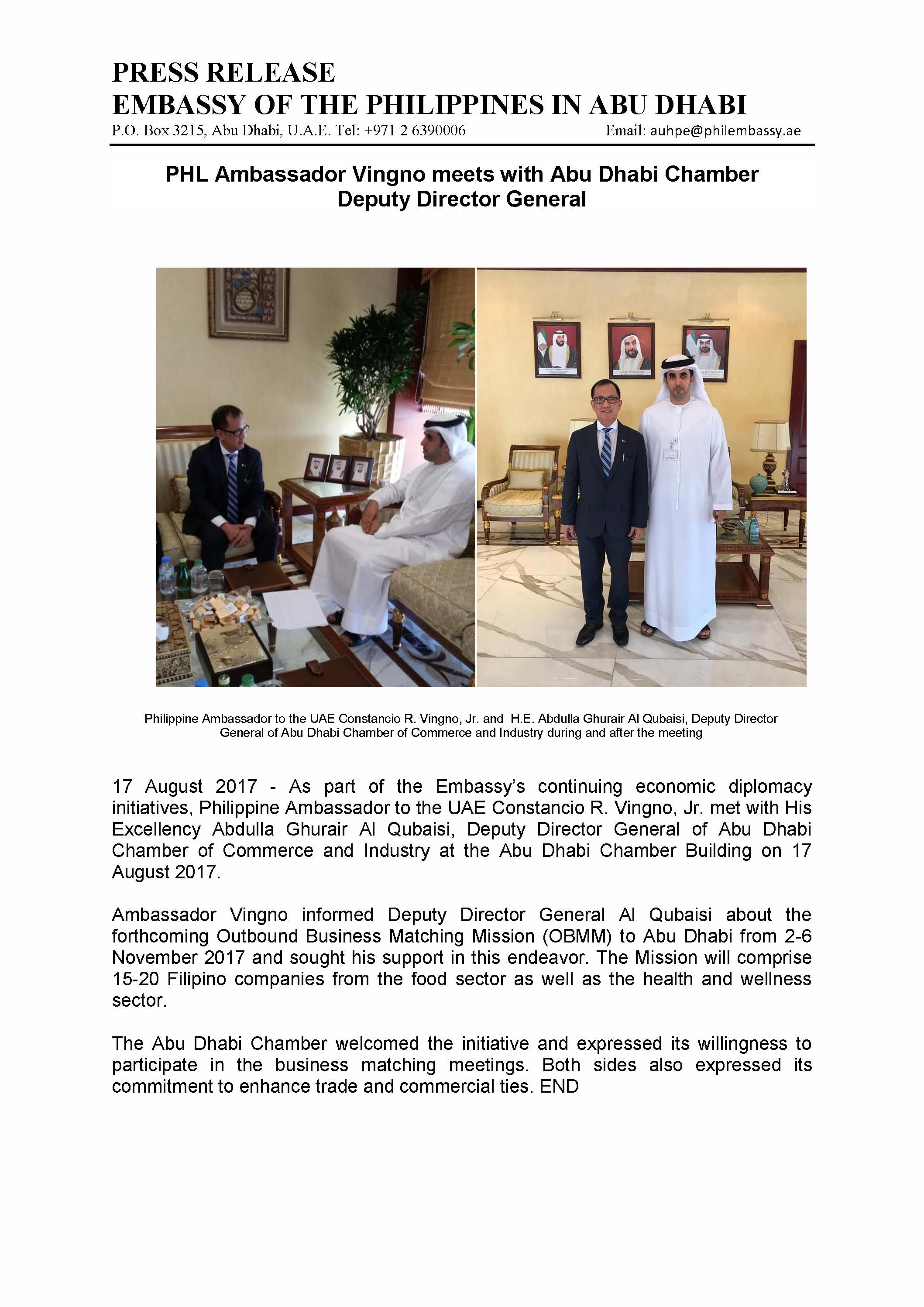 PRESS RELEASE PHL Ambasador Vingno meets with Abu Dhabi Chamber Deputy DG 17Aug2017 Page 1