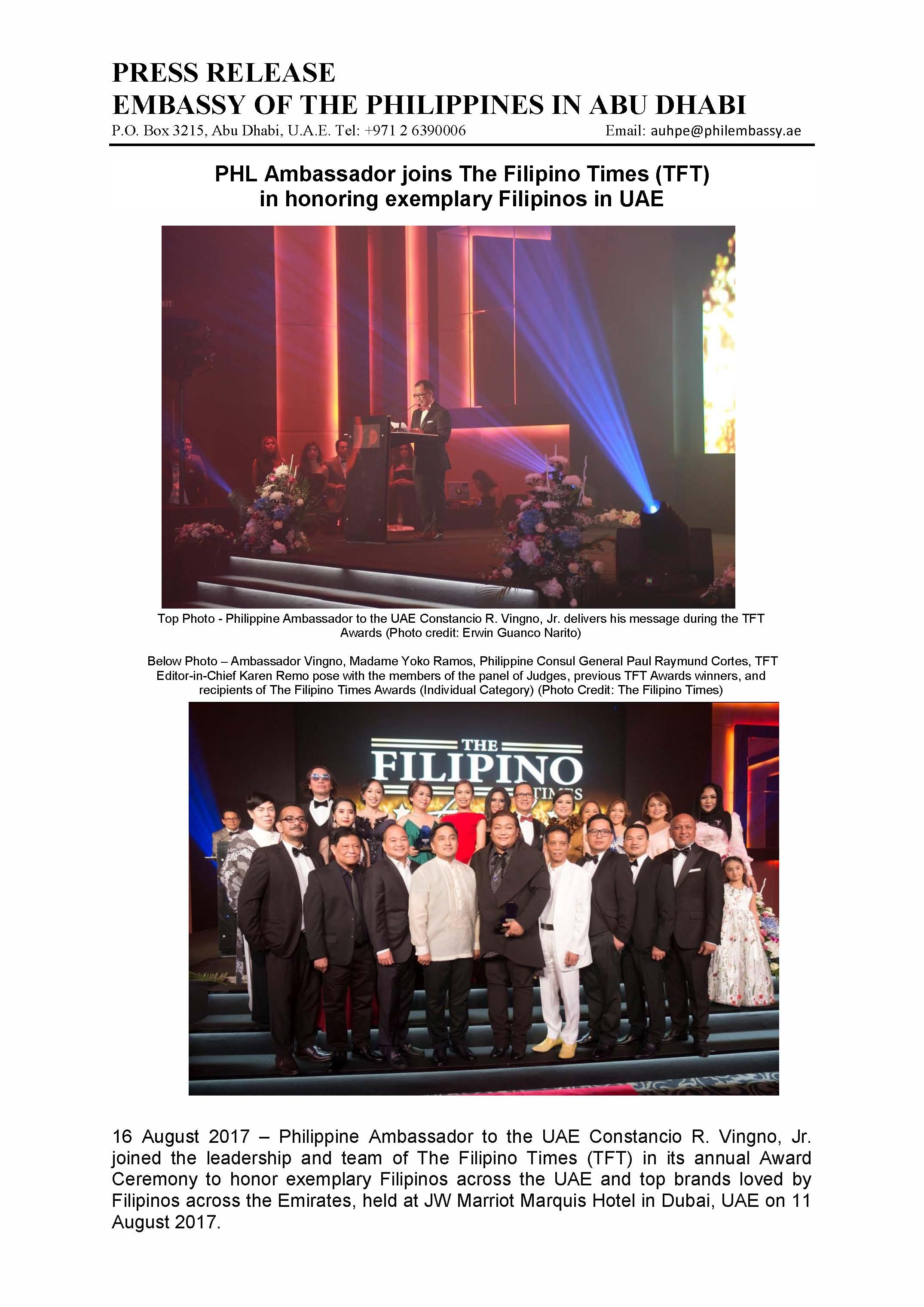 PRESS RELEASE PHL Ambassador joins TFT in honoring exemplary Filipinos 16Aug2017 Page 1
