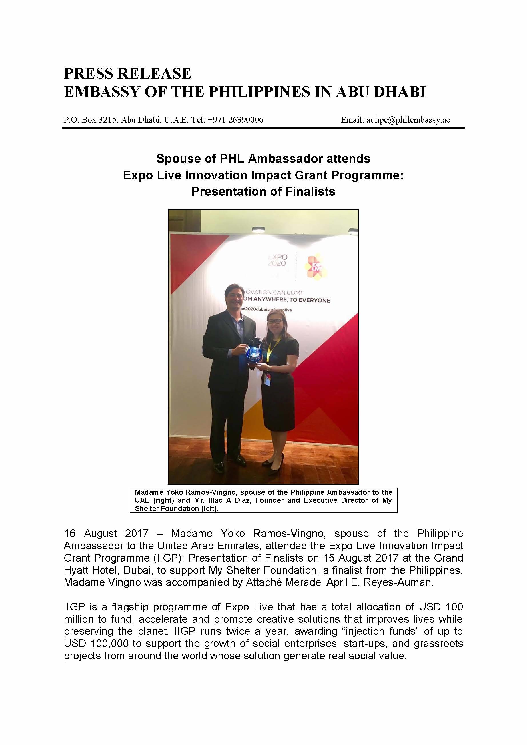 PR my shelter foundation phl finalist to the expo live innovation impact grant programme Page 1