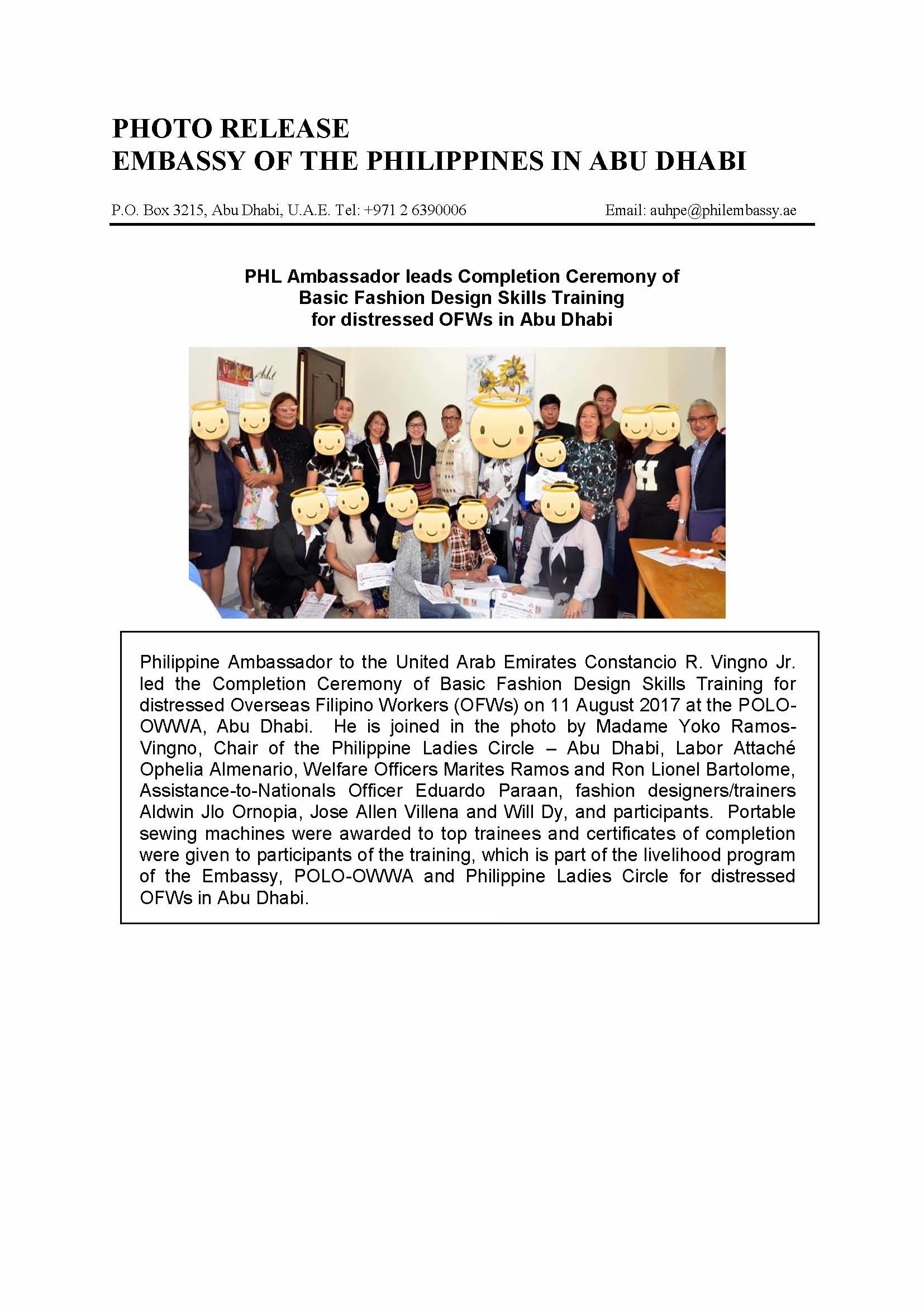 Photo Release Completion ceremony of Basic Fashion Design Skills Training for wards 170811