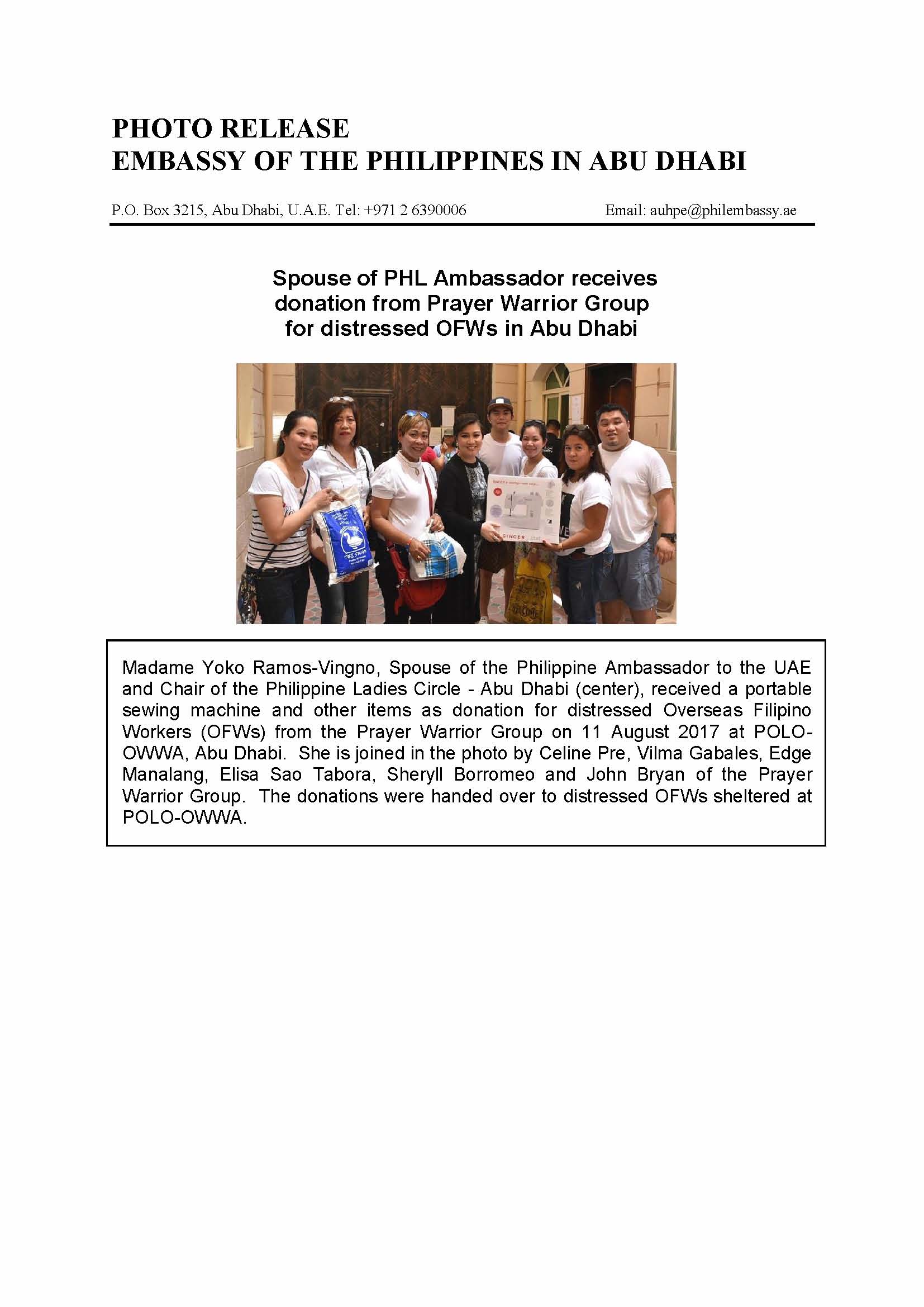 Photo Release Prayer Warrior Group donates for wards 170811
