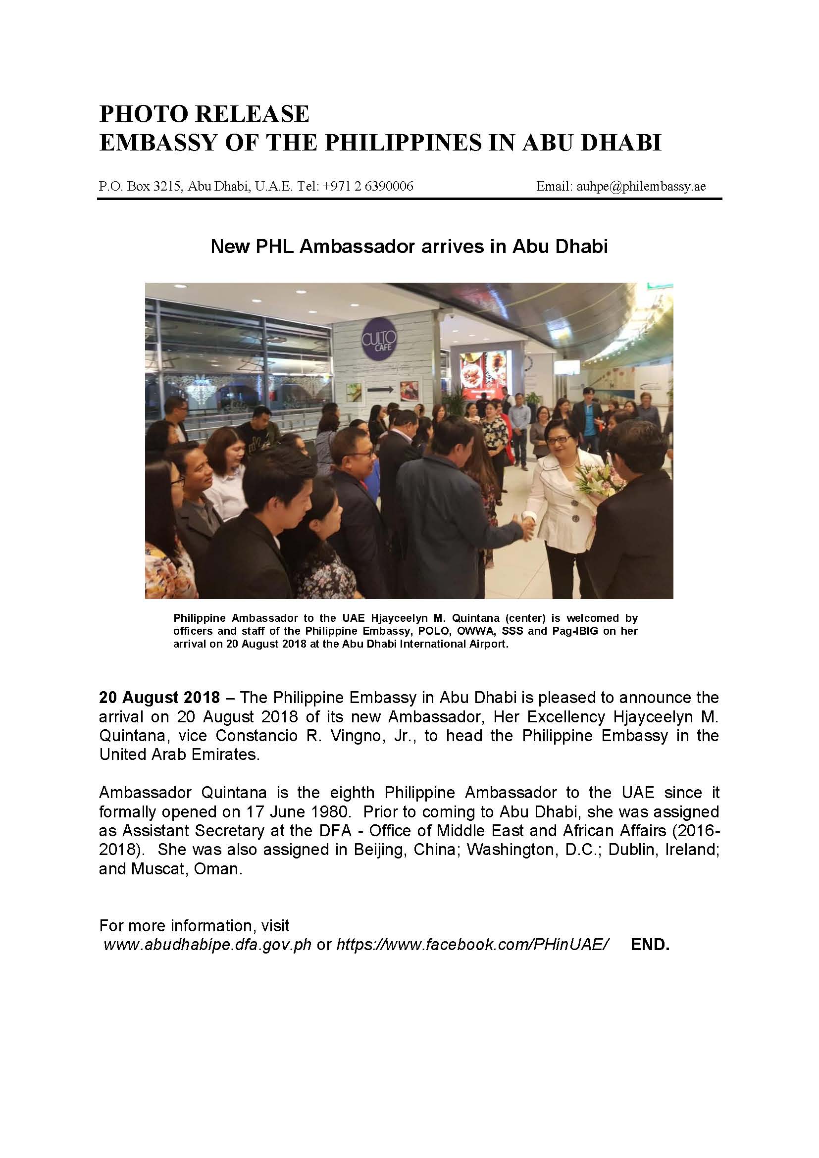 Press Release Arrival of Amb Quintana in UAE 180820