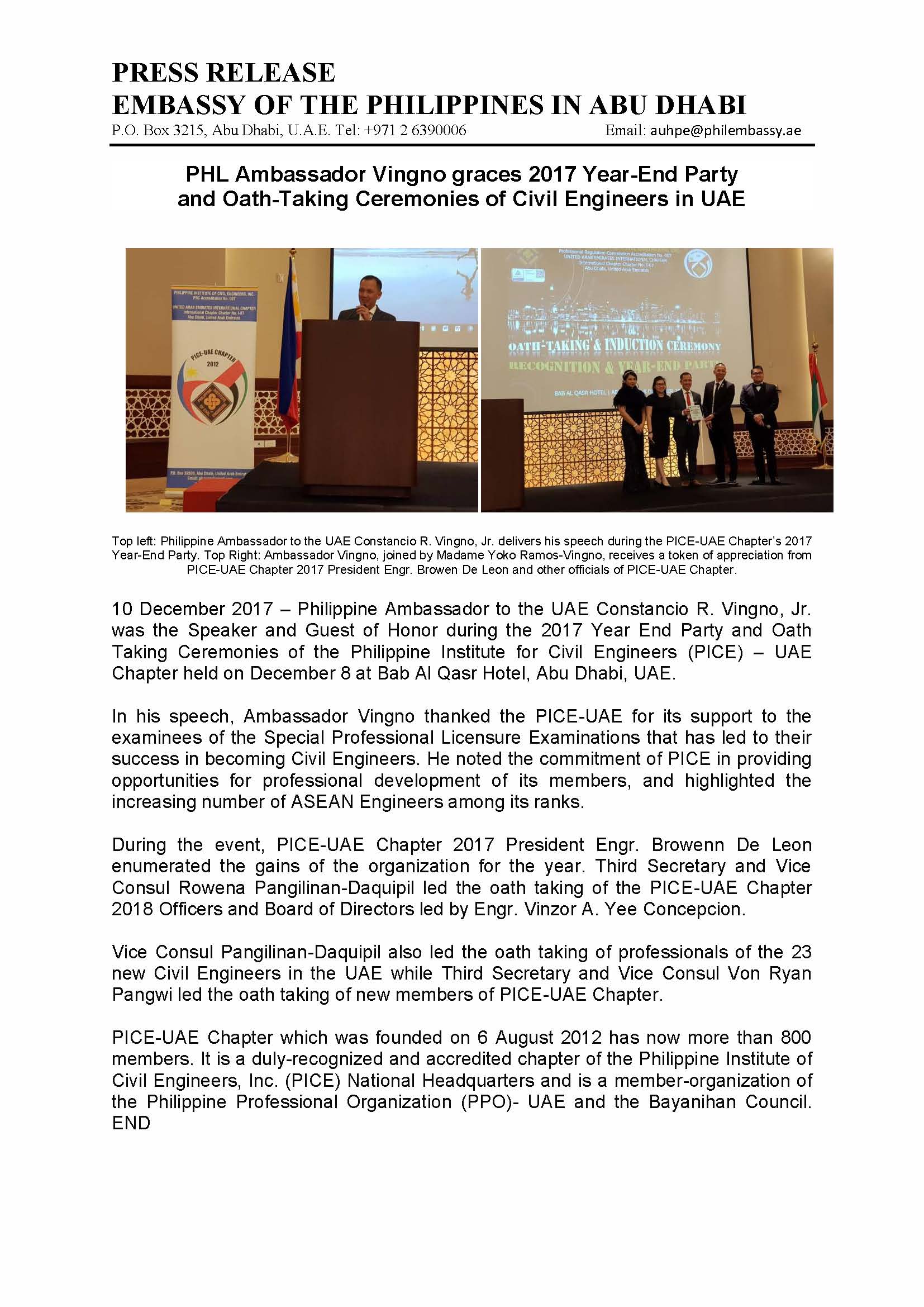PRESS RELEASE on PICE Year End Party and Oath Taking Ceremonies 10Dec2017 Page 1