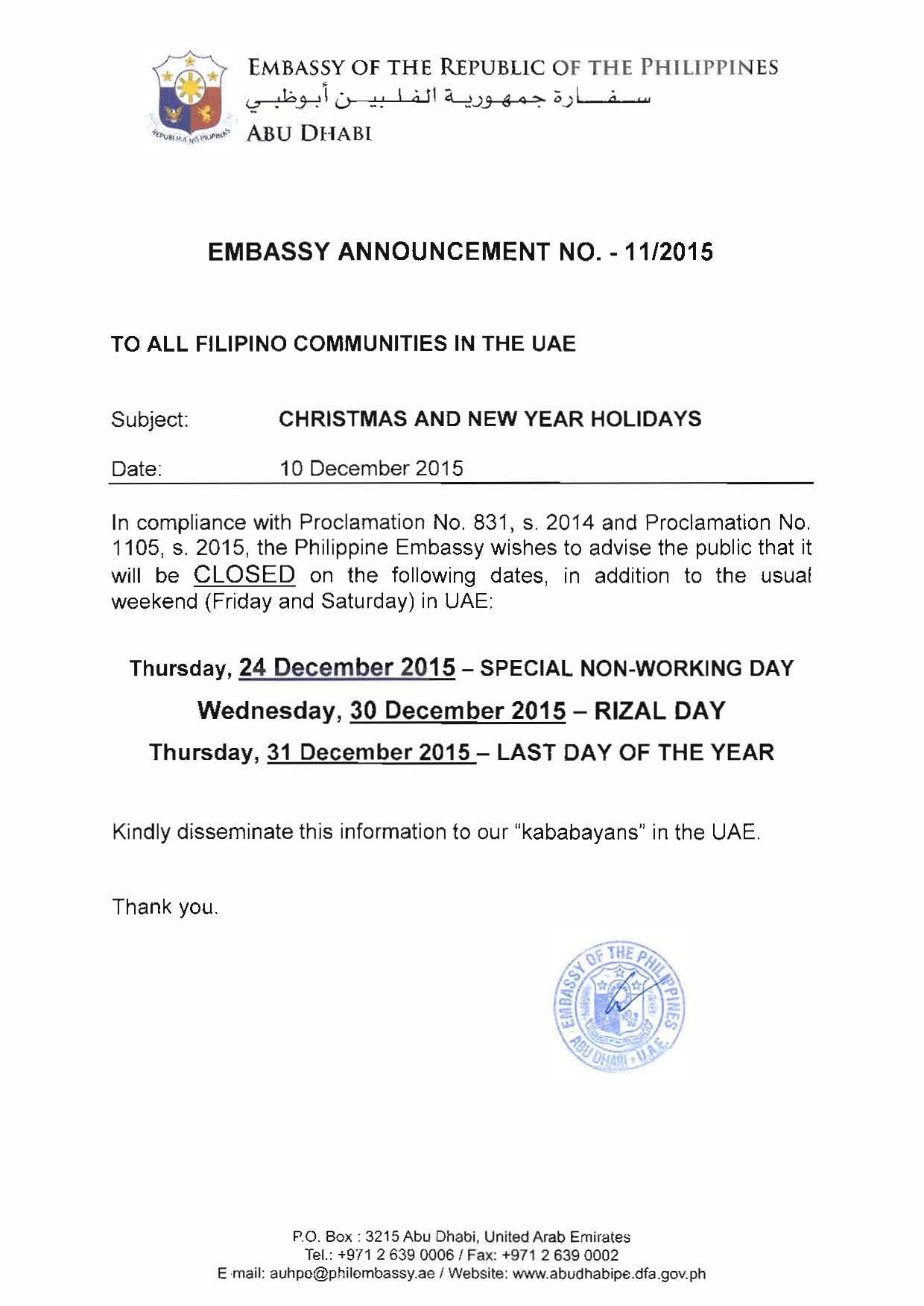 EMBASSY ANNOUNCEMENT NO. 11 2015