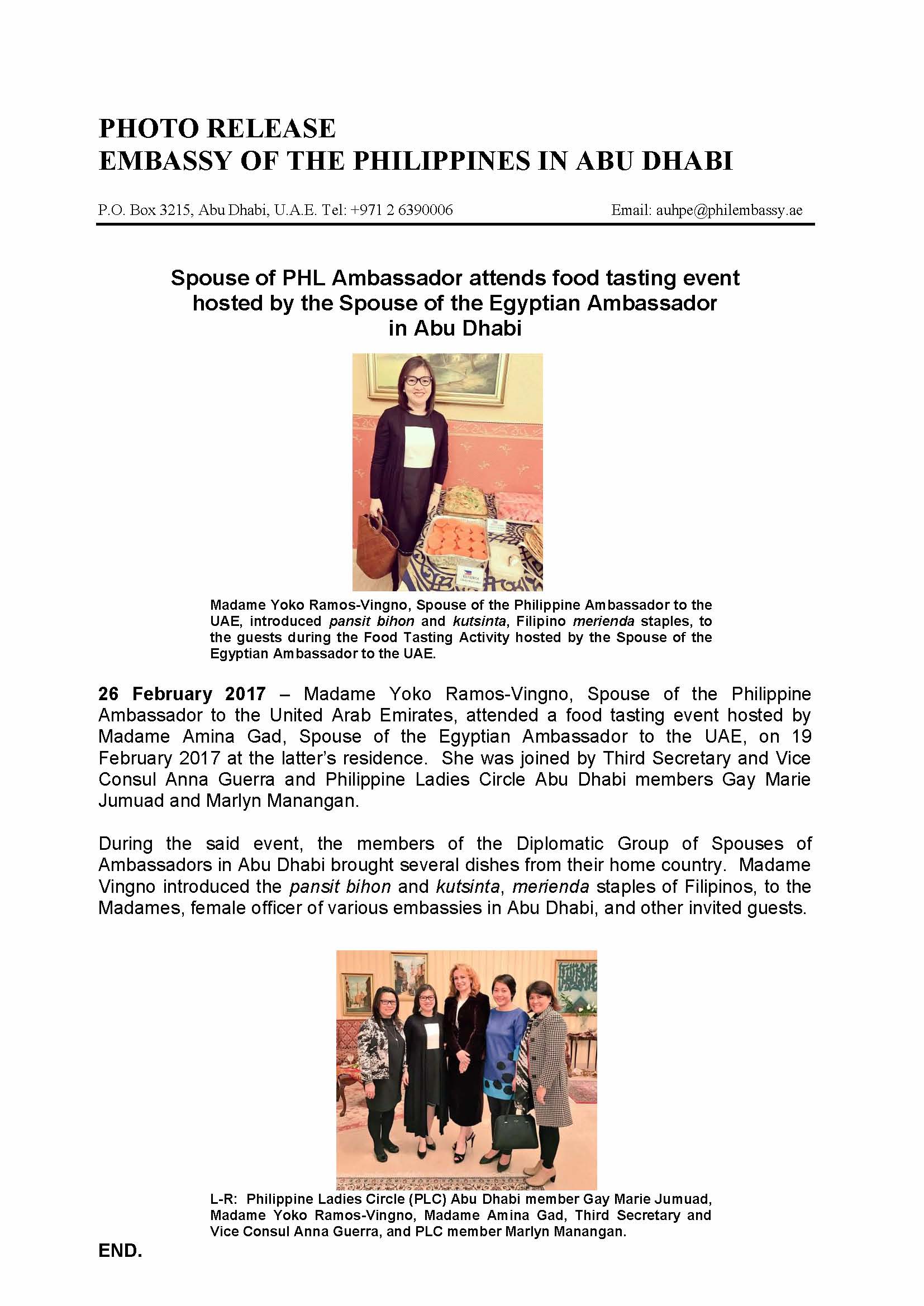 Press Release Food tasting event at Egyptian Ambassadors Residence 170219