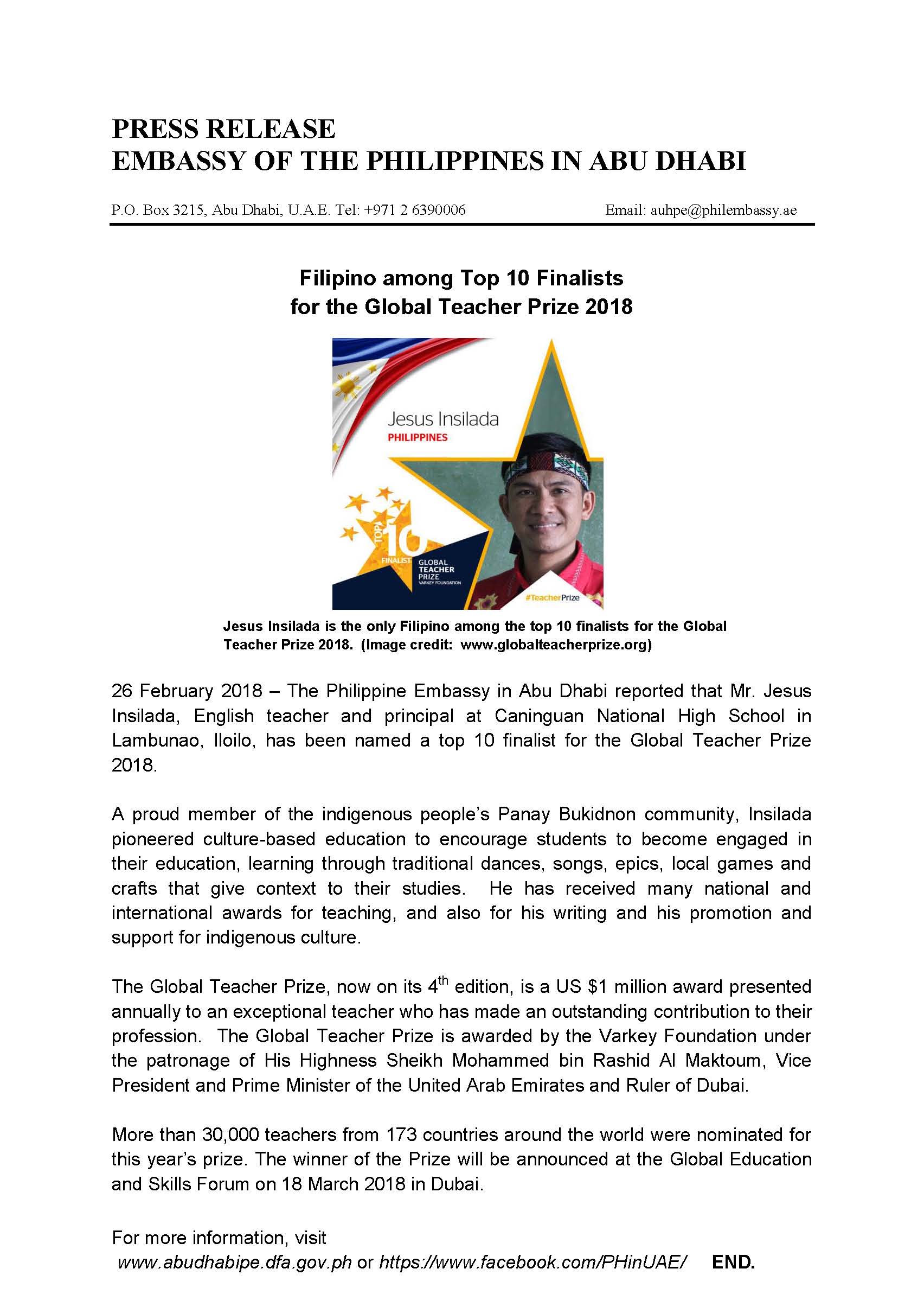 Press Release Filipino teacher as finalist in Global Teacher Prize 2018