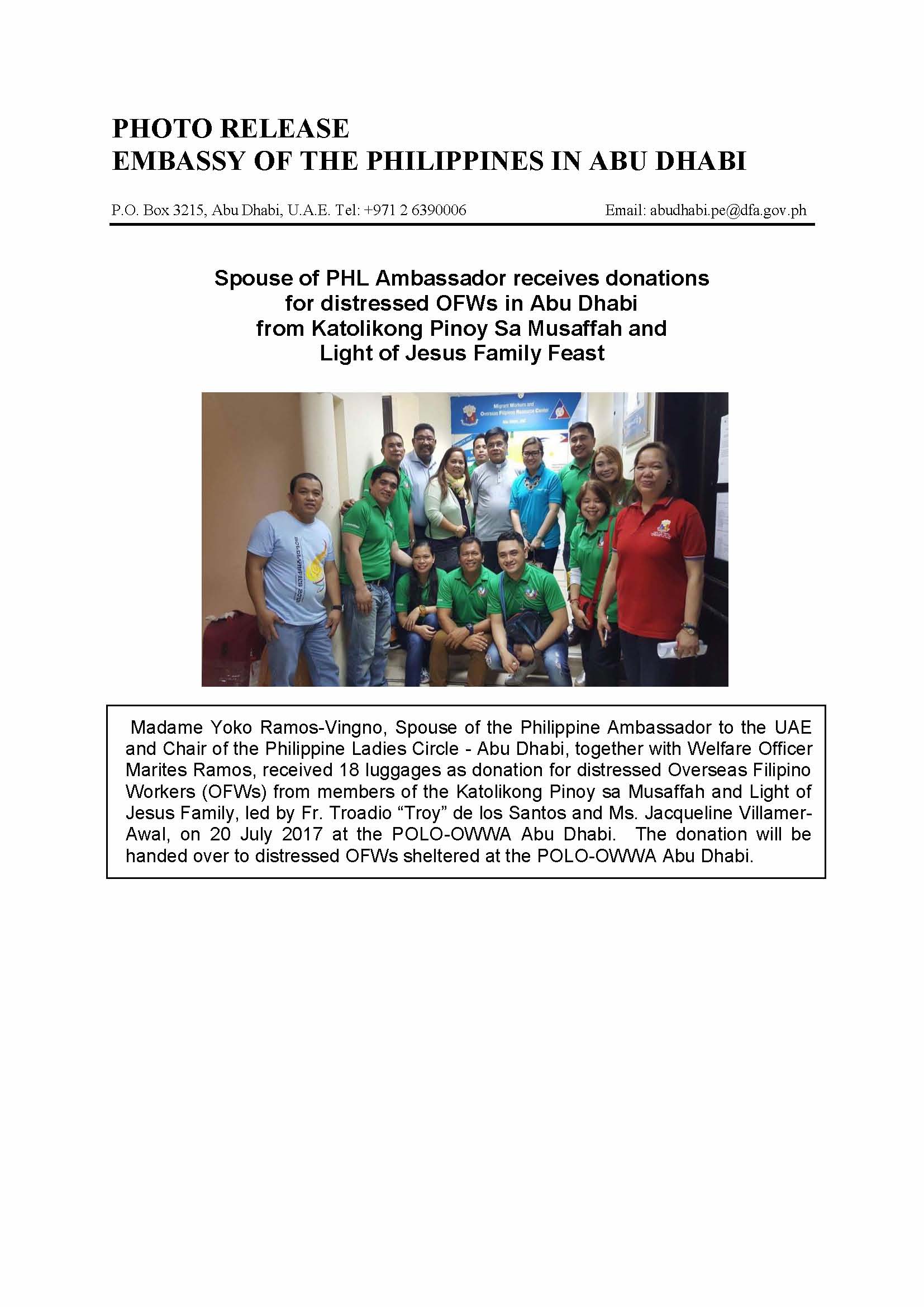 Photo Release Donations from Katolikong Pinoy sa Musaffah and LOJ 170720