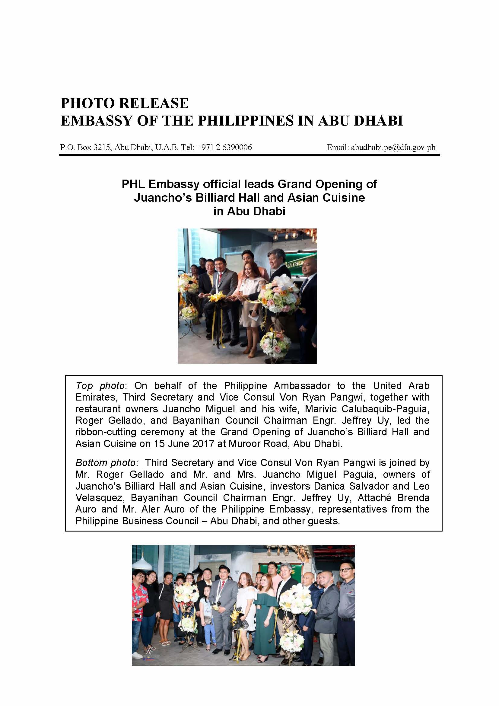 Photo Release Opening of Juanchos Billiard Hall and Asian Cuisine 170615 Revised