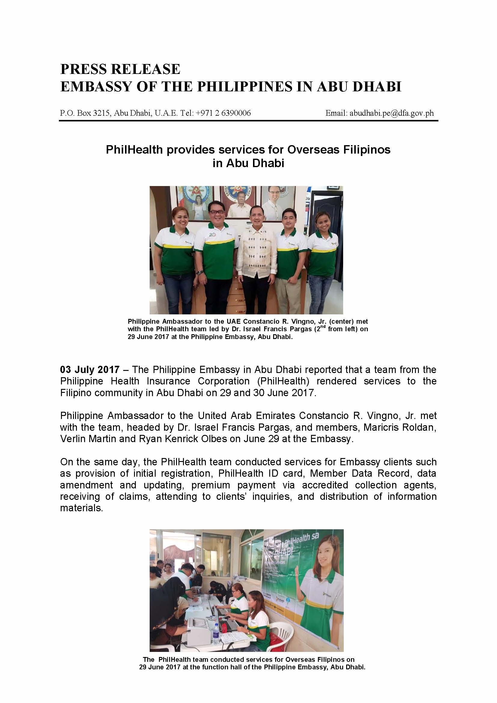 Press Release PhilHealth delivers services for Overseas Filipinos in Abu Dhabi Page 1