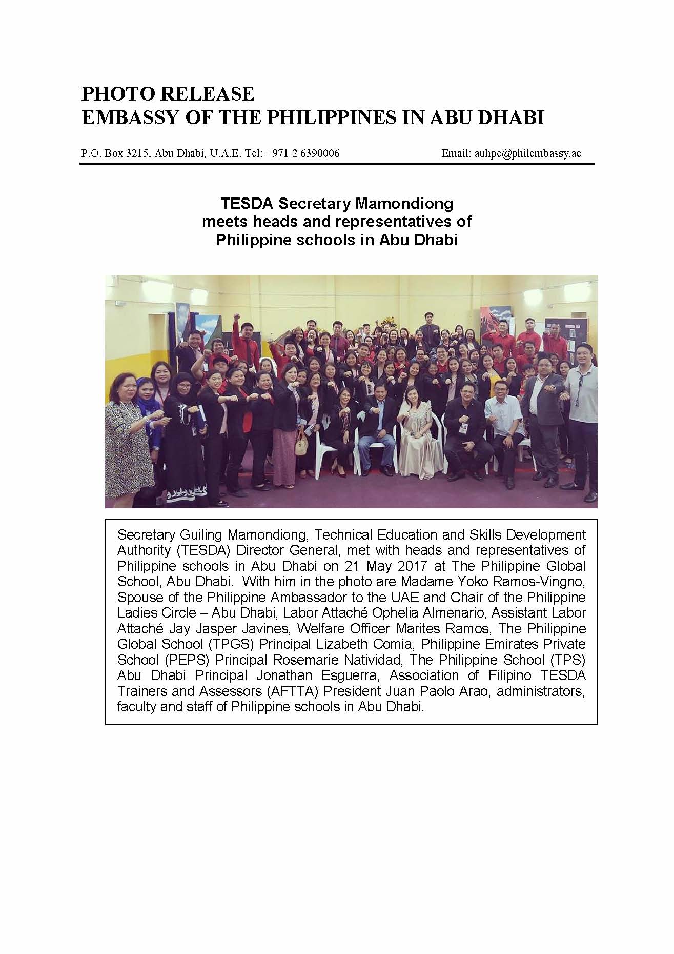 PR TESDA Sec Mamondiong meets with PH Schools in UAE 170521