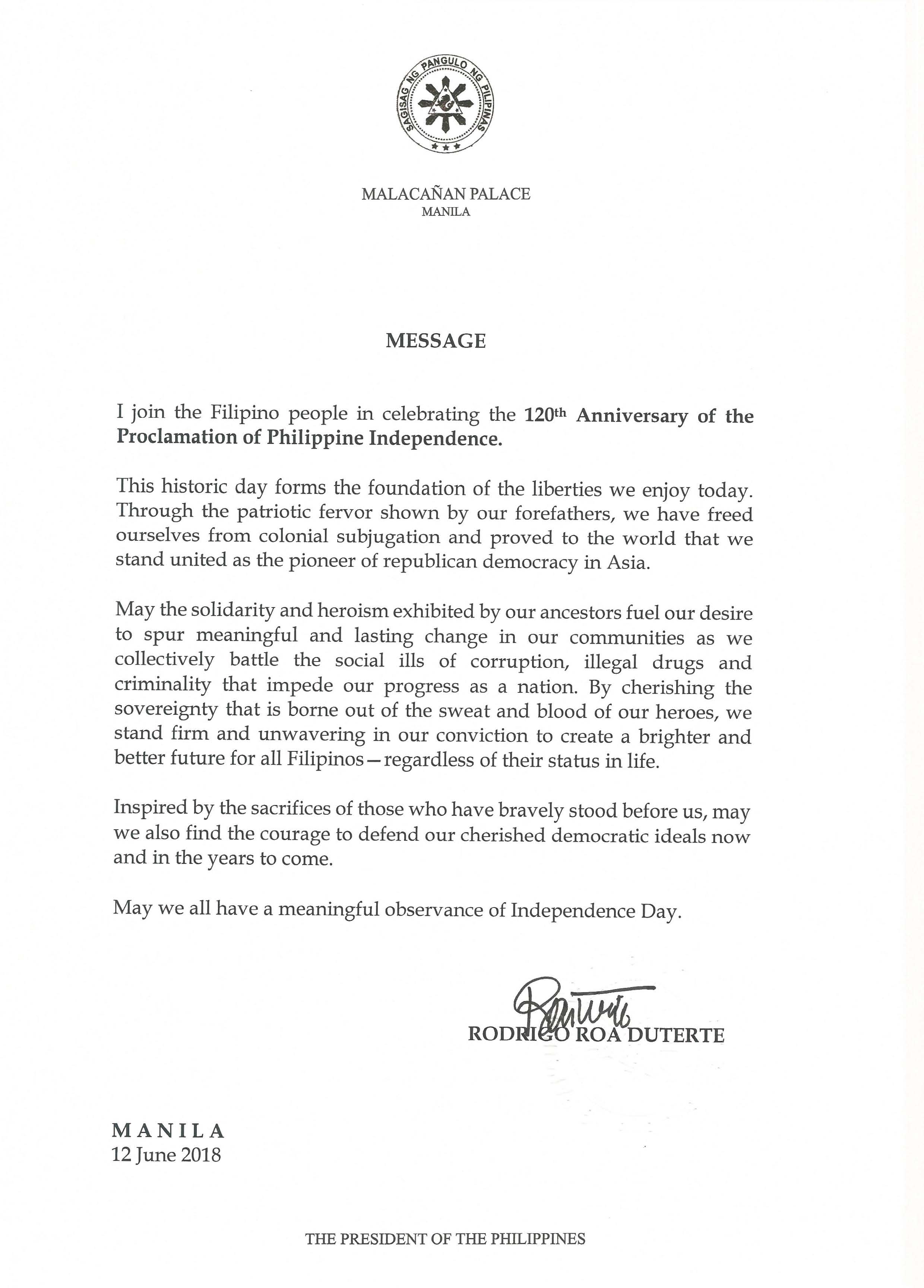 06.12.18.Signed.Independence Day Message PRRD English