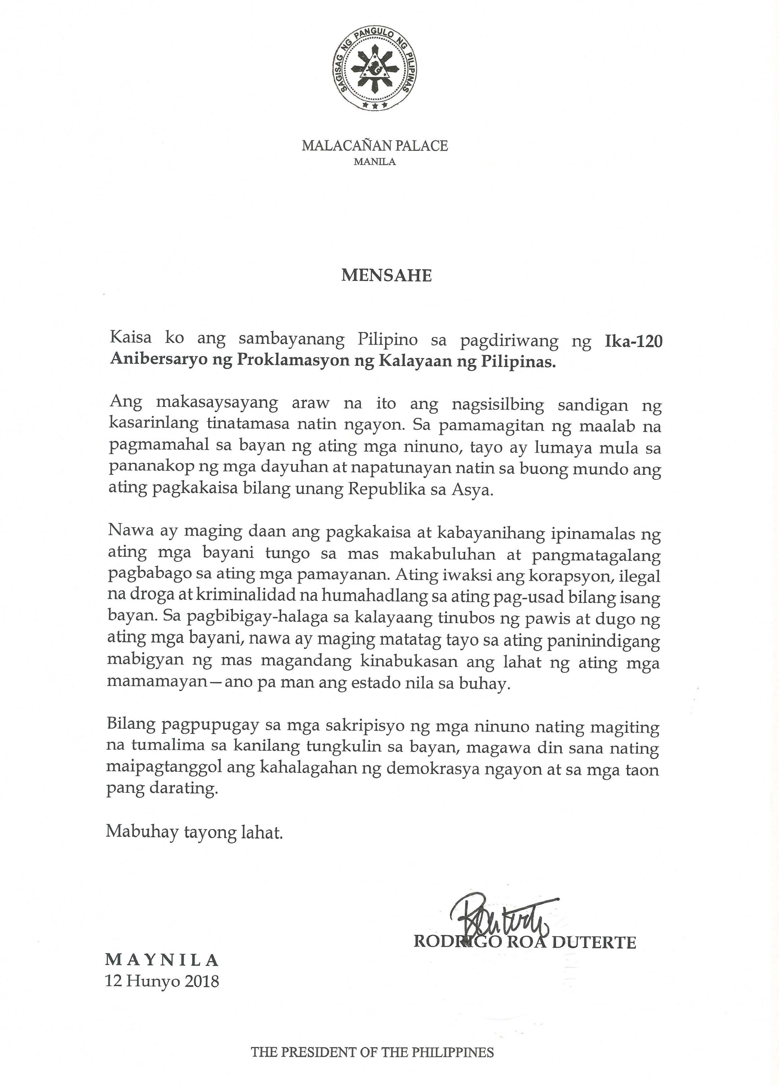 06.12.18.Signed.Independence Day Message PRRD Filipino