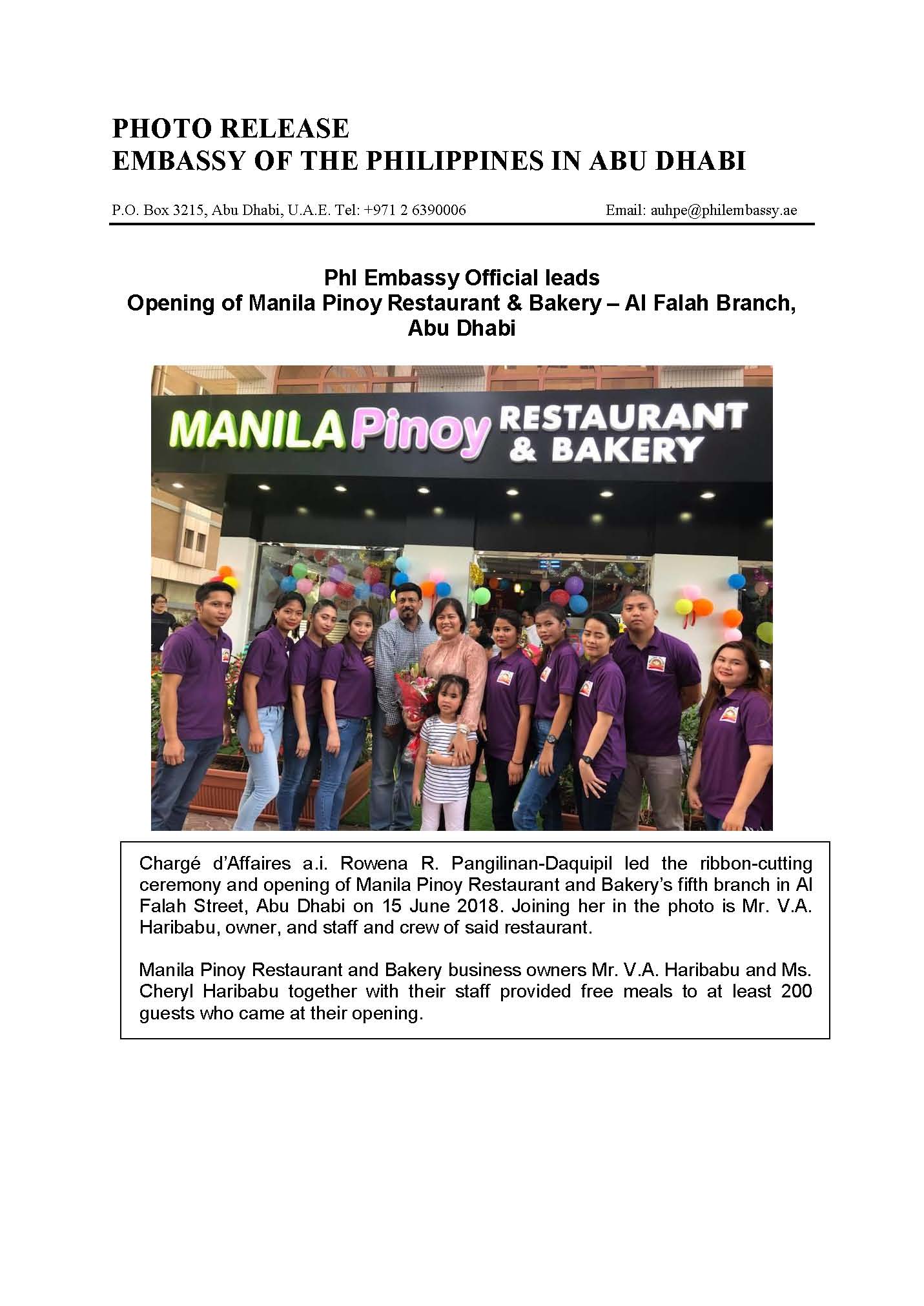 Photo Release Opening of Manila Pinoy Restaurant and Bakery 180615