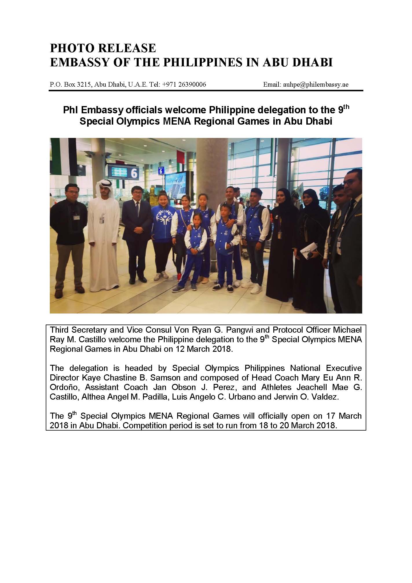 FAX OUIER CDU PISU phl embassy officials welcome Philippine delegation to the special olympics mena regional games 2018