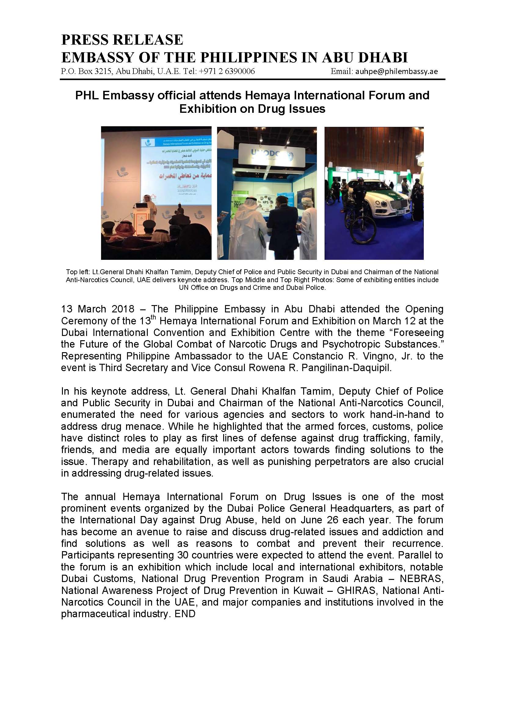 PRESS RELEASE Phl Embassy attends Hemaya International Forum and Exhibition on Drug Issues 13Mar18 1