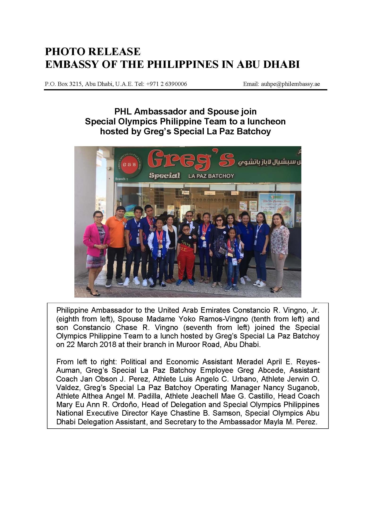 Photo Release Phl Amba and Spouse join luncheon hosted by Gregs la paz bathoy for special olympics ph team