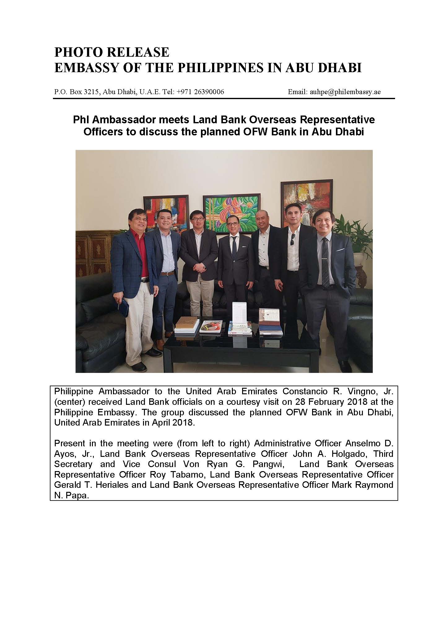 Photo Release ACRV meets Land Bank officials to discuss the planned ofw bank in abu dhabi
