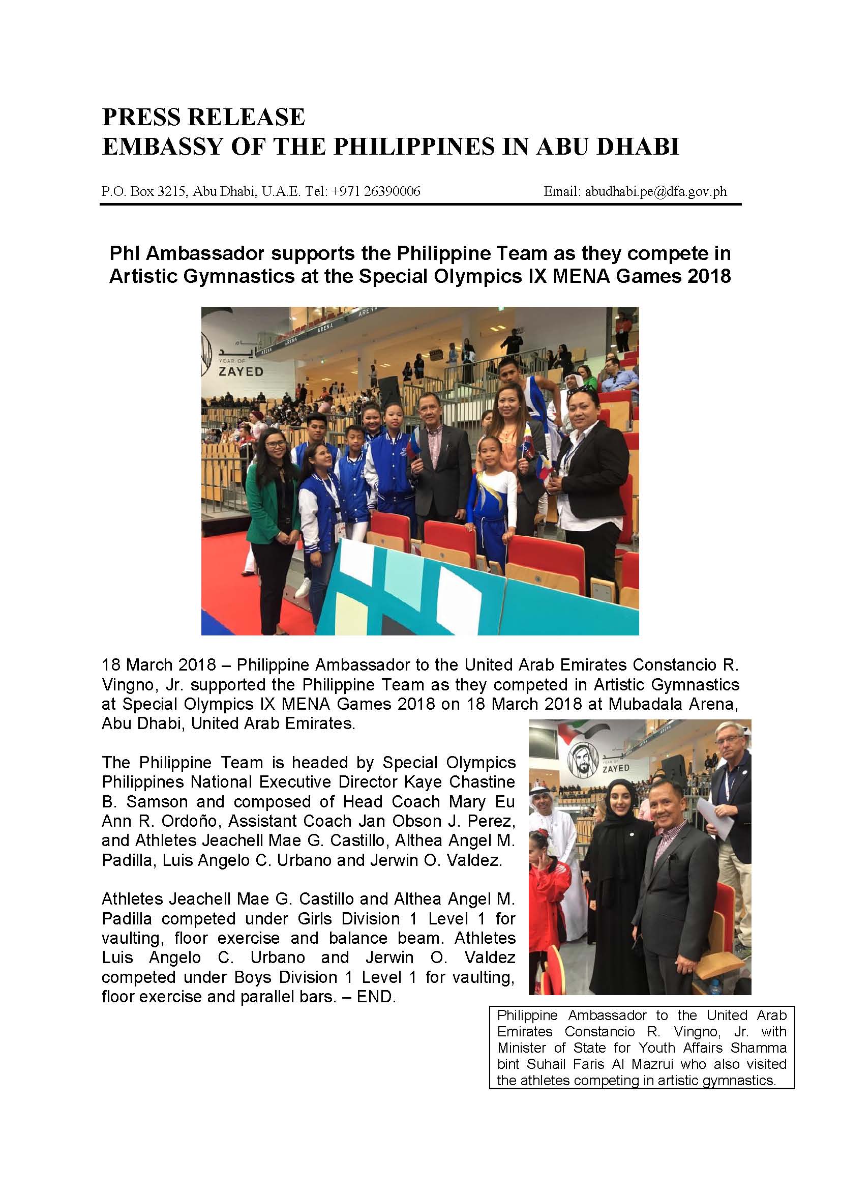 ph at the special olympics 9th mena games in abu dhabi 2nd PR Page 1