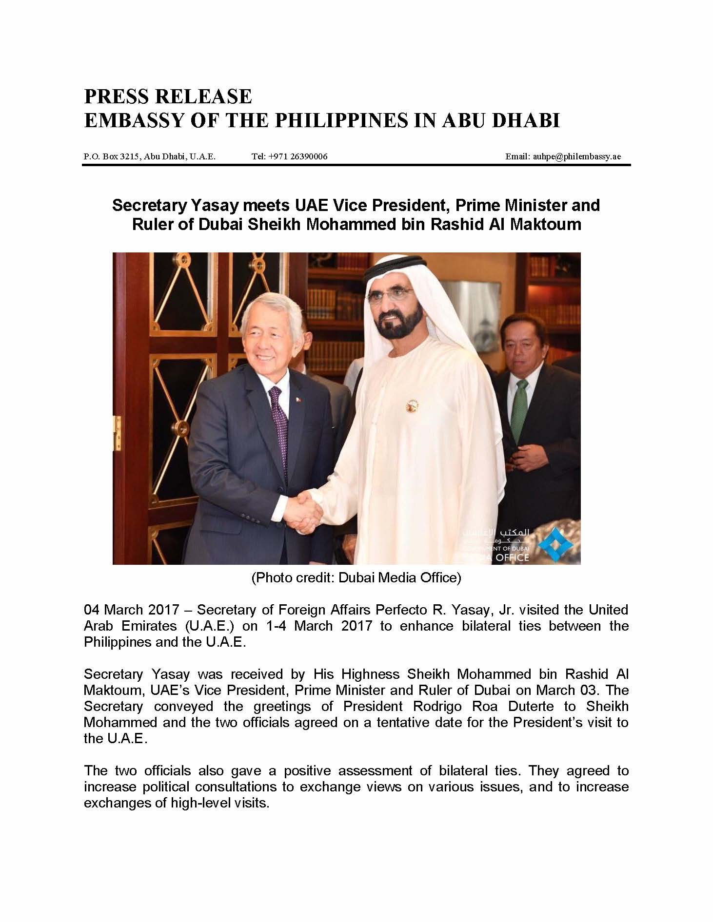PRESS RELEASE SFA Yasay meets Sheikh Mohammed bin Rashid 2 Page 1