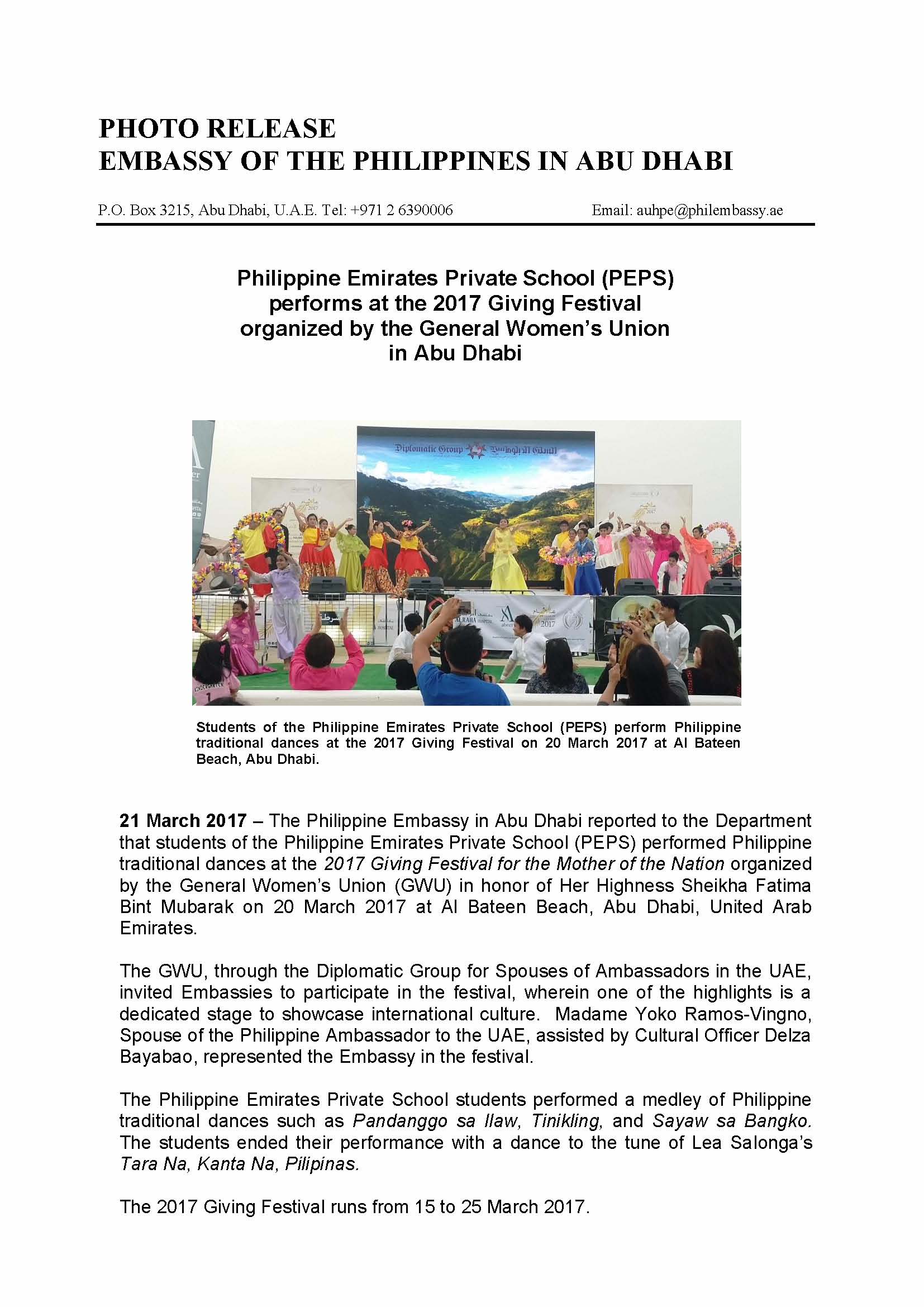 Press Release PEPS Abu Dhabi at GWU Festival 170320 2 Page 1