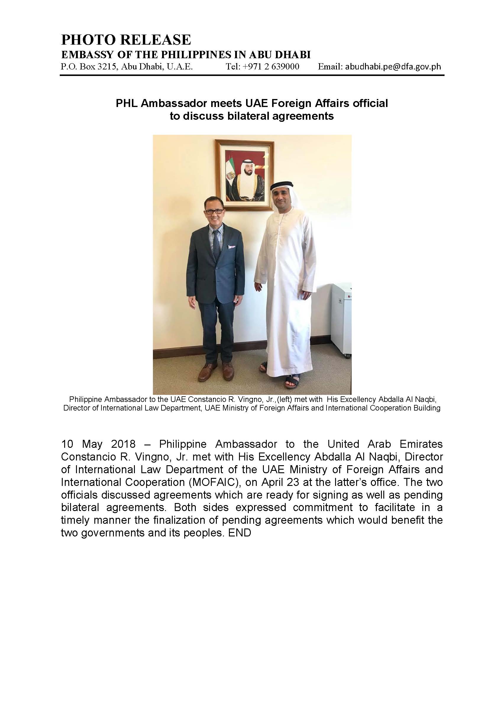 PHOTO RELEASE PHL Ambassador meets UAE Foreign Affairs official to discuss bilateral agreements
