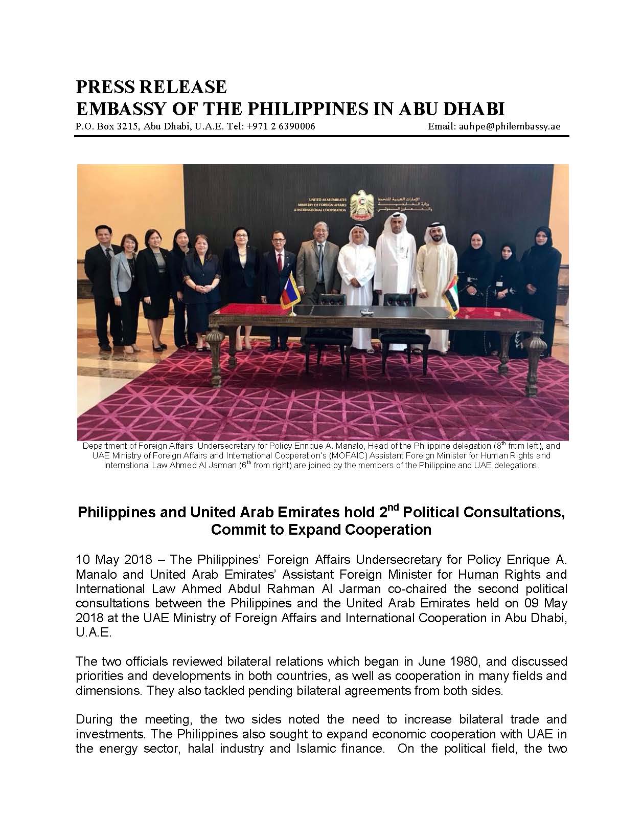 PRESS RELEASE 2nd PH UAE Political Consultations held Page 1