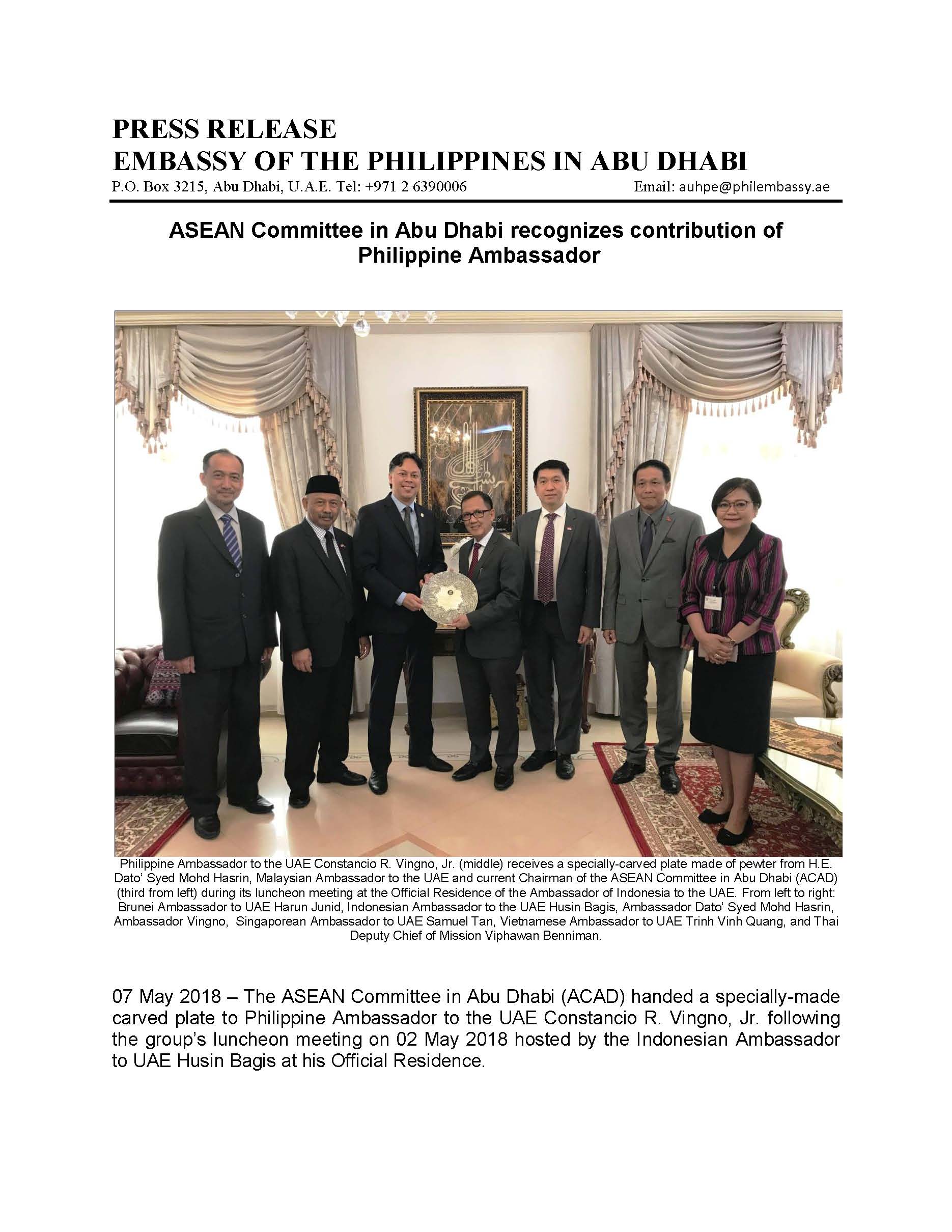 PRESS RELEASE ACAD recognizes contribution of outgoing Philippine Ambassador 3May2018 Page 1