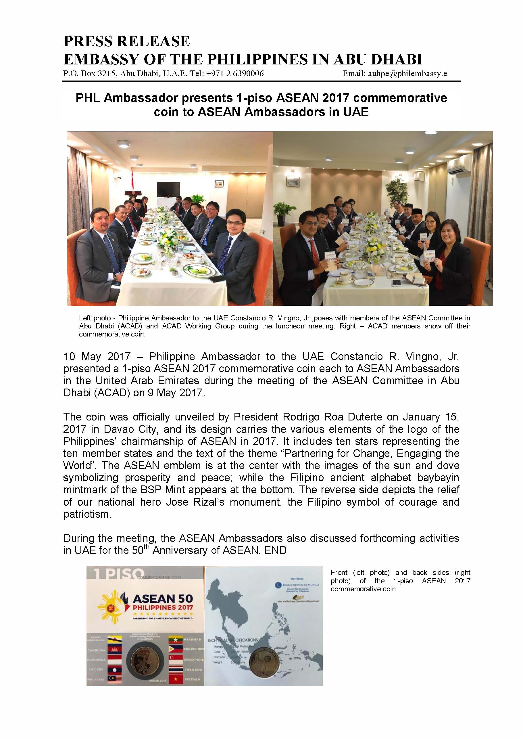 PR PHL Ambassador presents ASEAN 2017 Commemorative coin