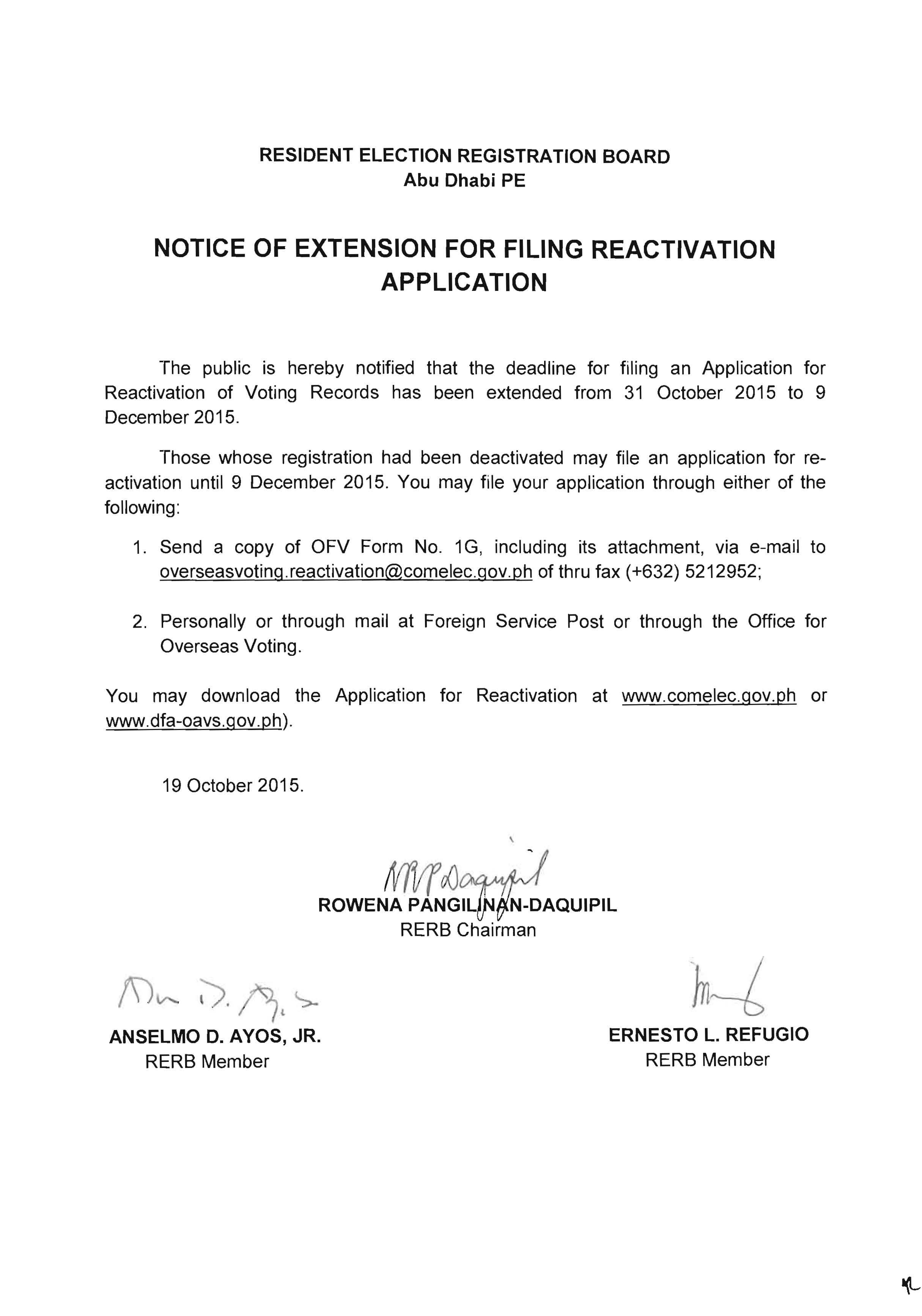 NOTICE OF EXTENSION FOR FILING REACTIVATION FOR OVERSEAS VOTERS