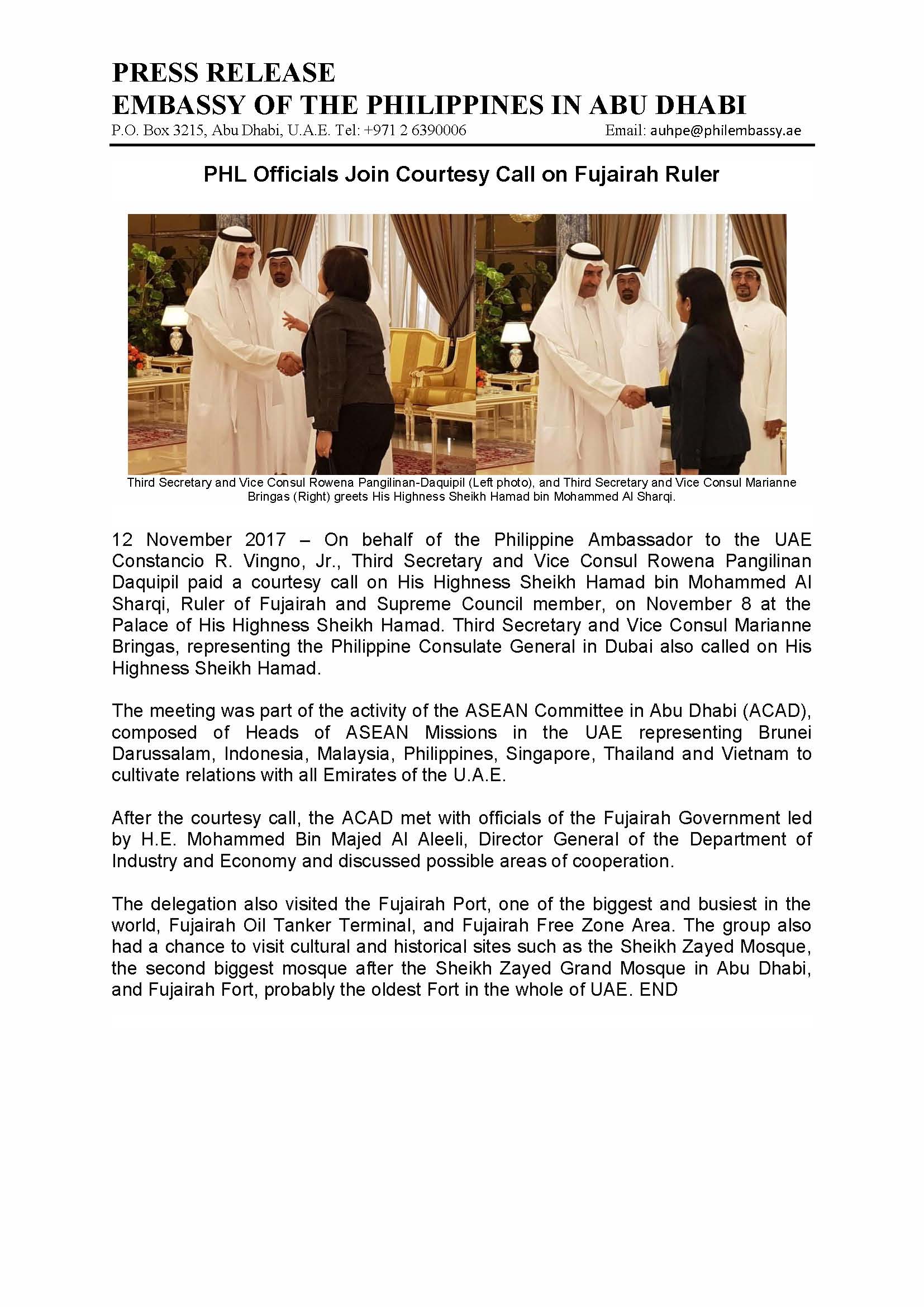PRESS RELEASE PHL Officials Join Courtesy Call on Fujairah Ruler 12Nov2017 Page 1