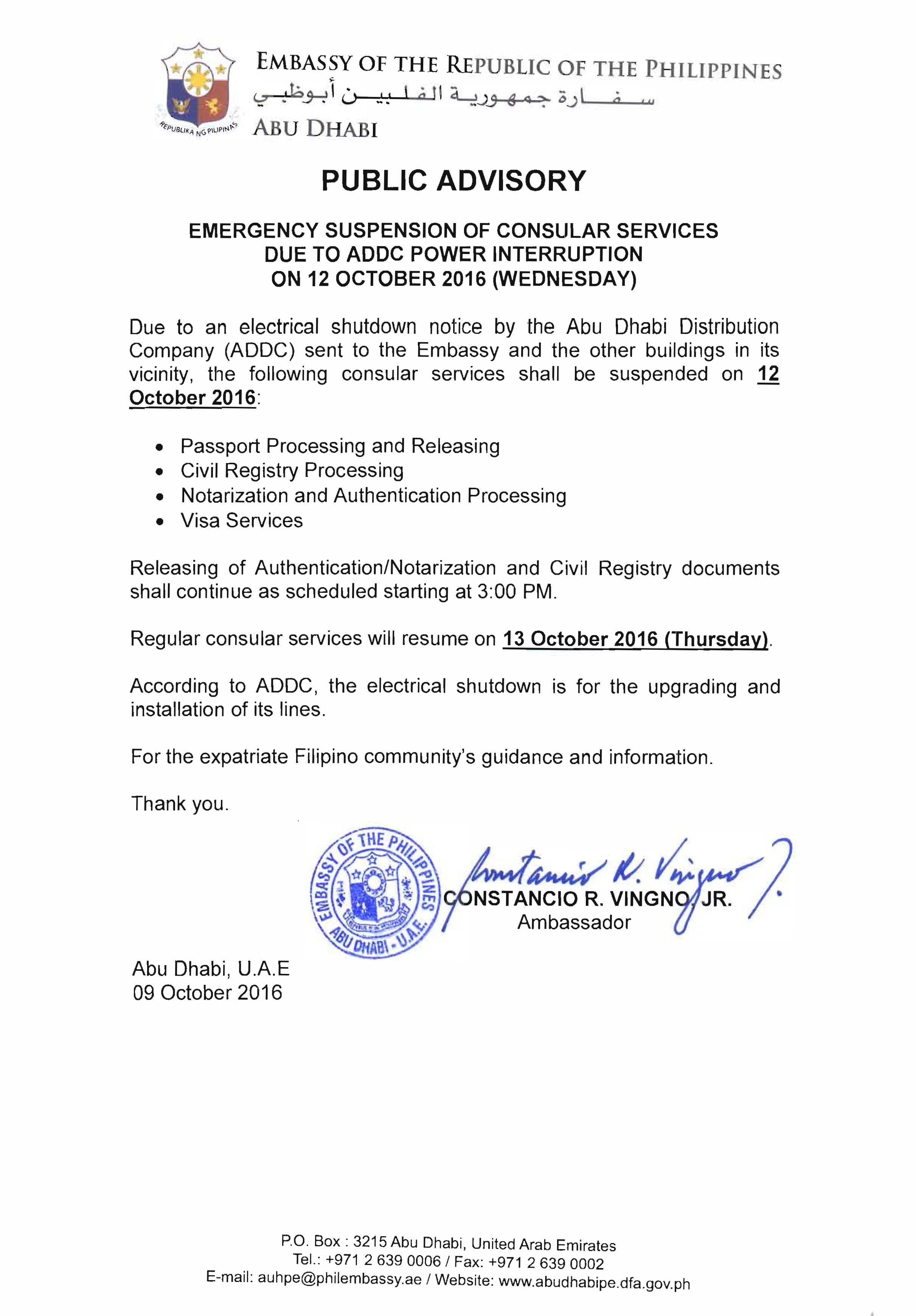PUBLIC ADVISORY Emergency Suspension of Consular Services on 12 October 2016 Page 1