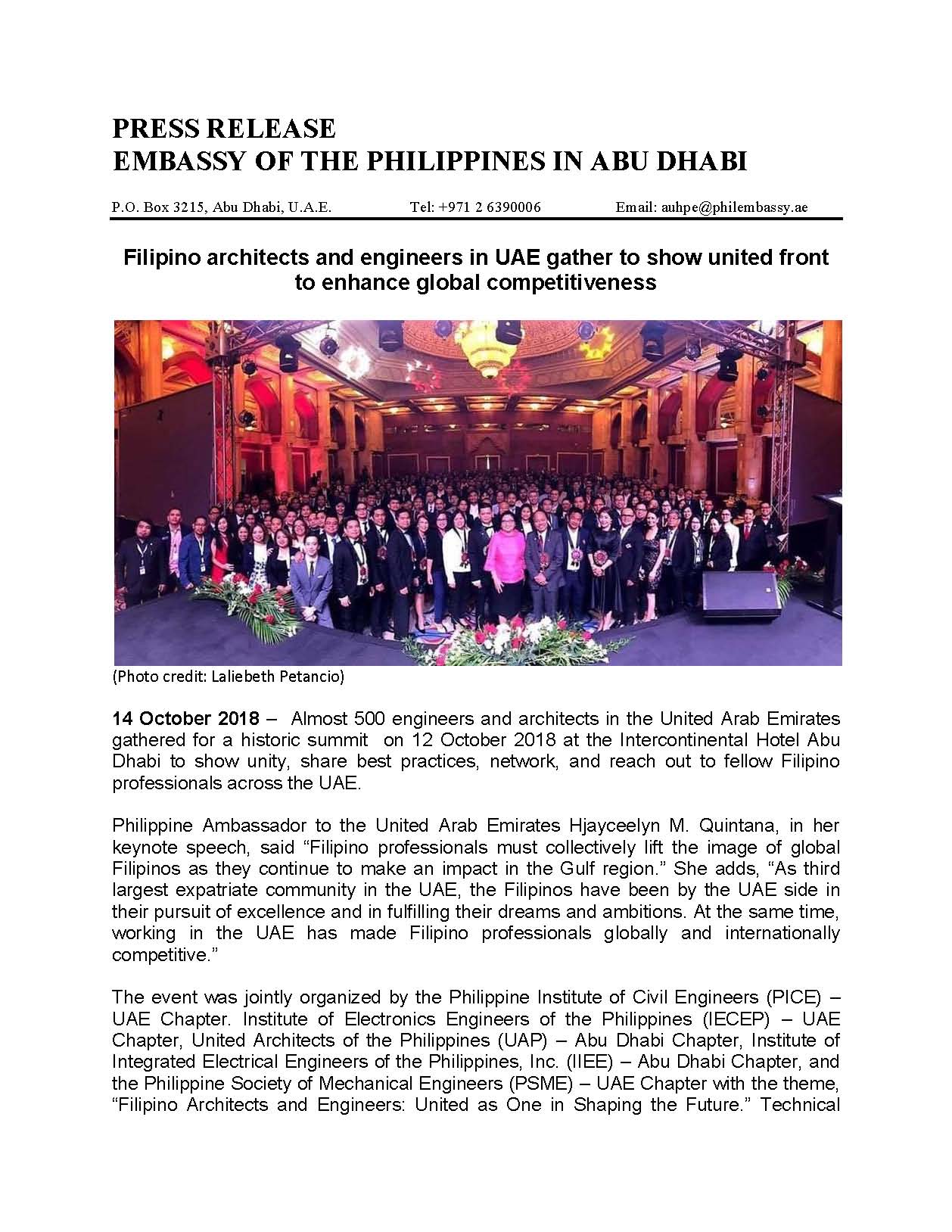PRESS RELEASE Filipino architects and engineers in UAE gather 14Oct2018 Page 1