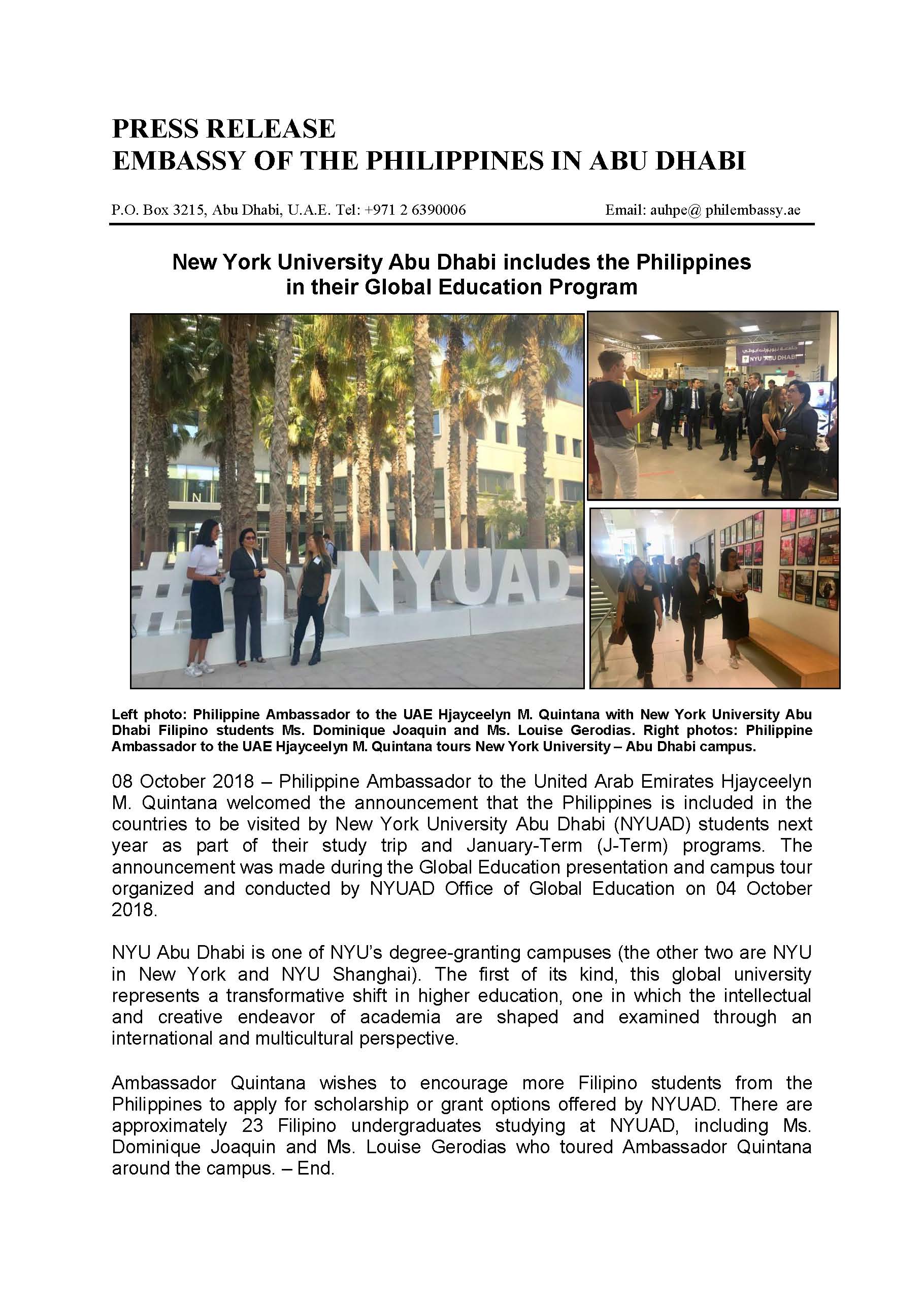 Photo Release NYUAD includes PH in their Global Education Program