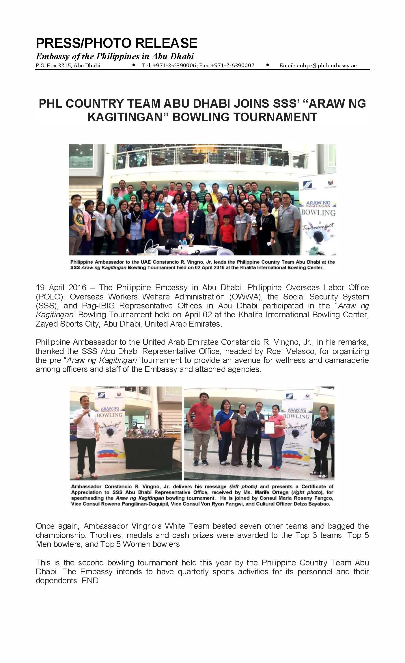 PHL COUNTRY TEAM ABU DHABI JOINS SSS ARAW NG KAGITINGAN BOWLING TOURNAMENT Page 1