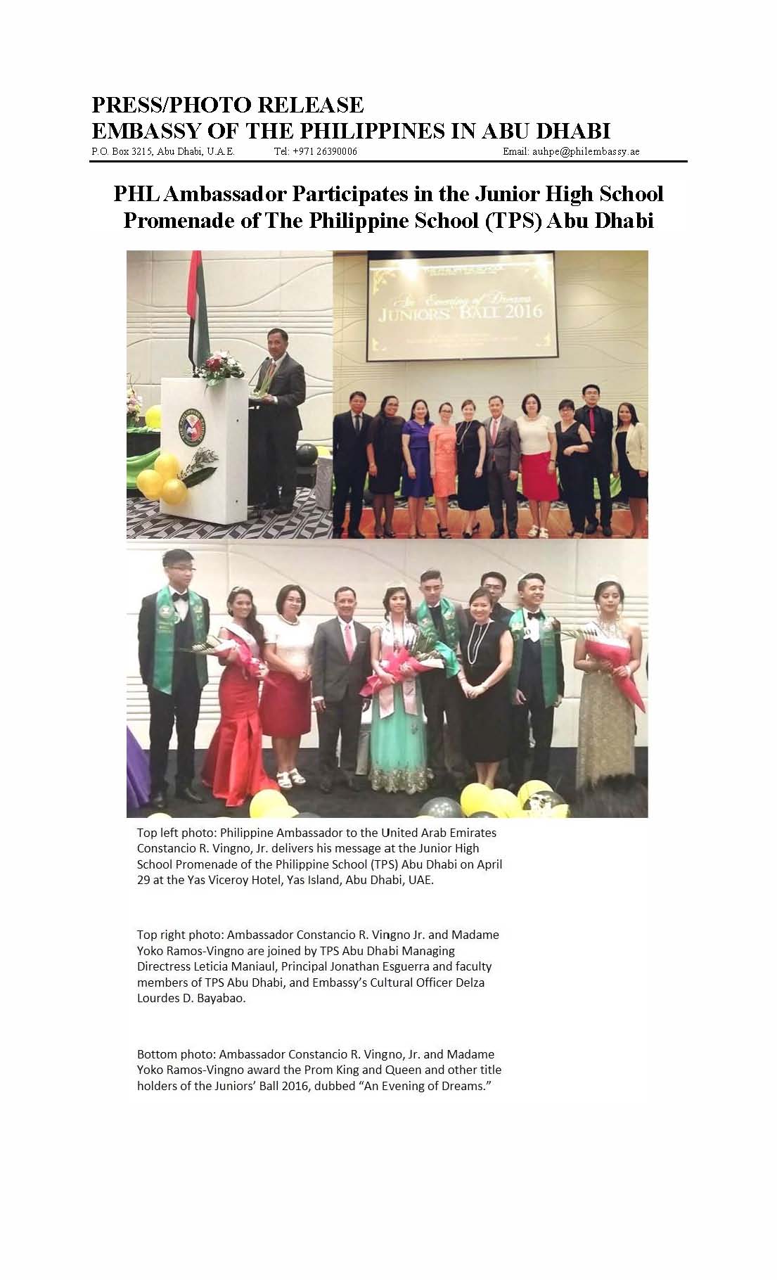 PRESS RELEASE PHL Ambassador Participates JHS Prom of TPS