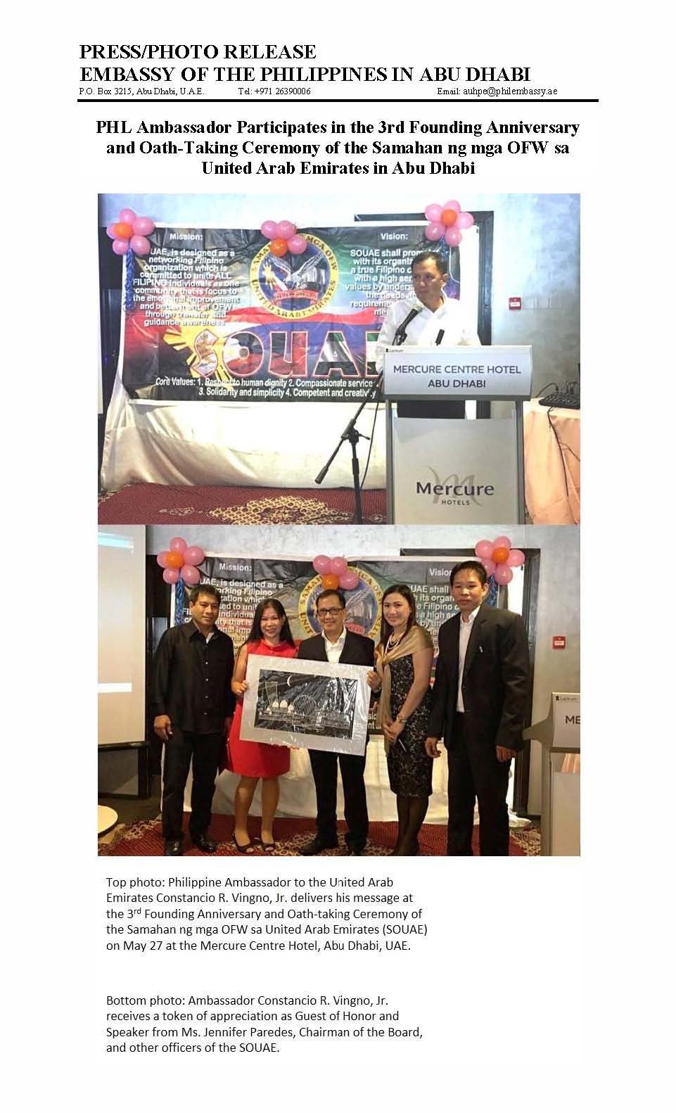 PRESS RELEASE PHL Ambassador participates 3rd Founding Anniv Samahan ng mga OFW