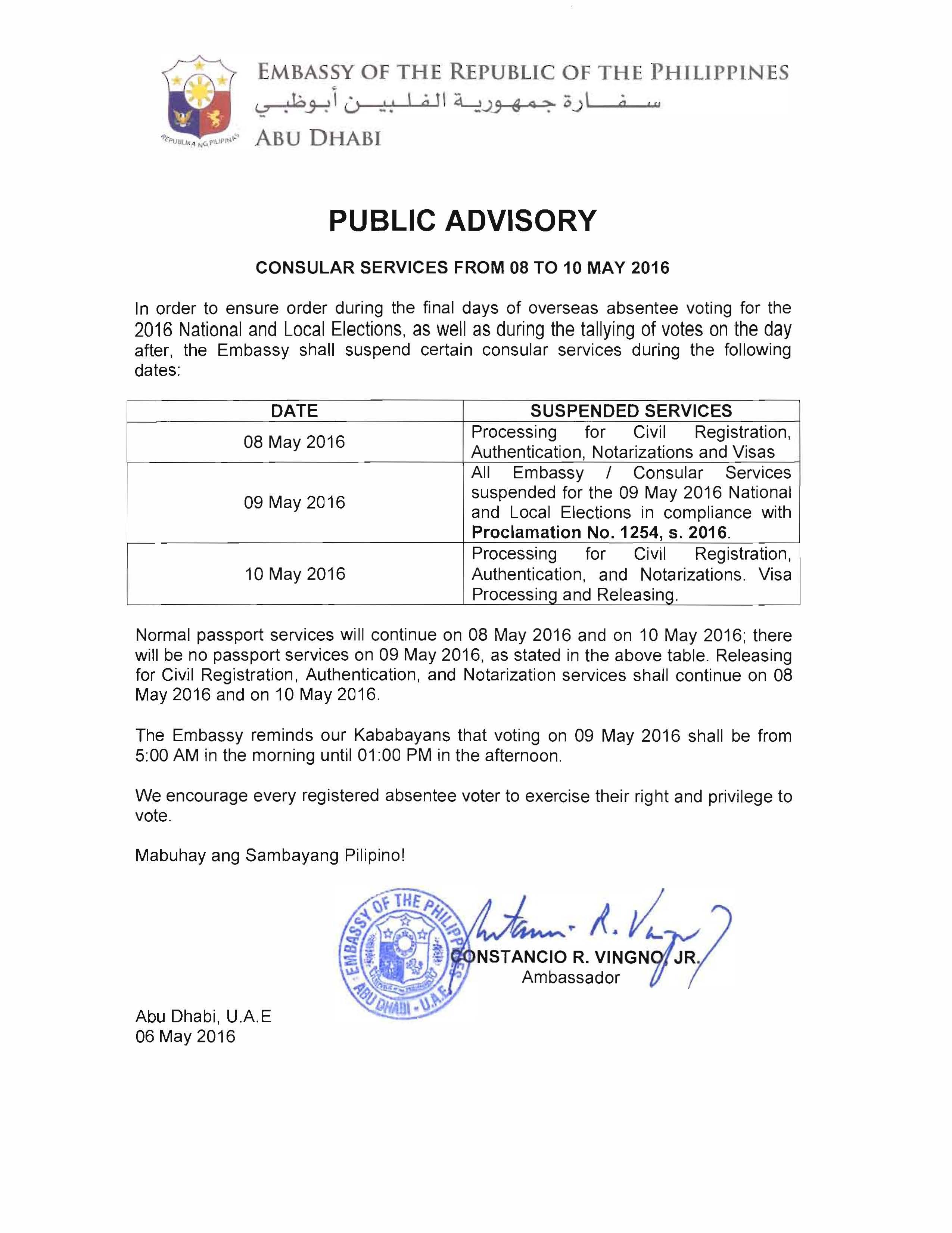 PUBLIC ADVISORY ON CONSULAR SERVICES FROM 08 TO 10 MAY 2016