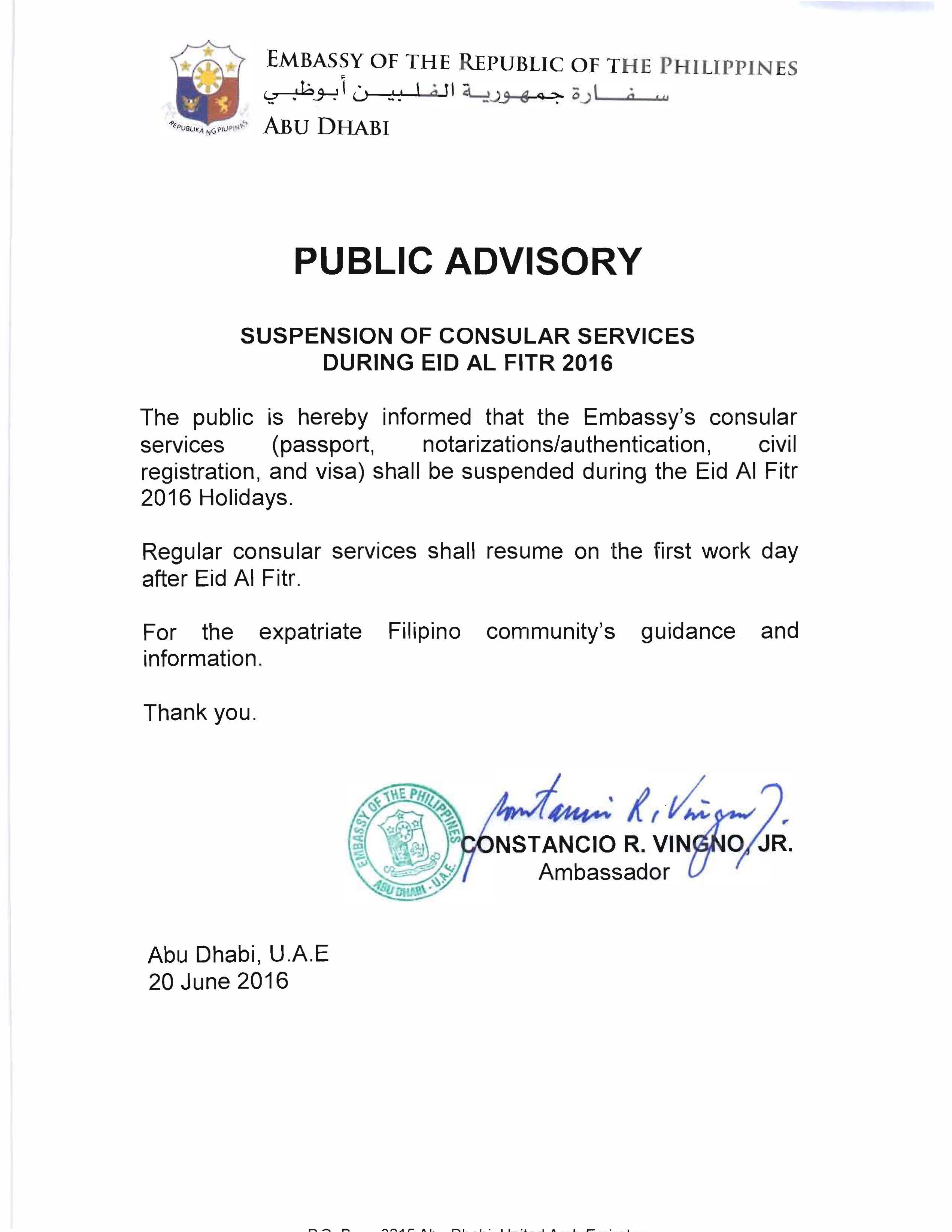 PUBLIC ADVISORY ON EID AL FITR 2016