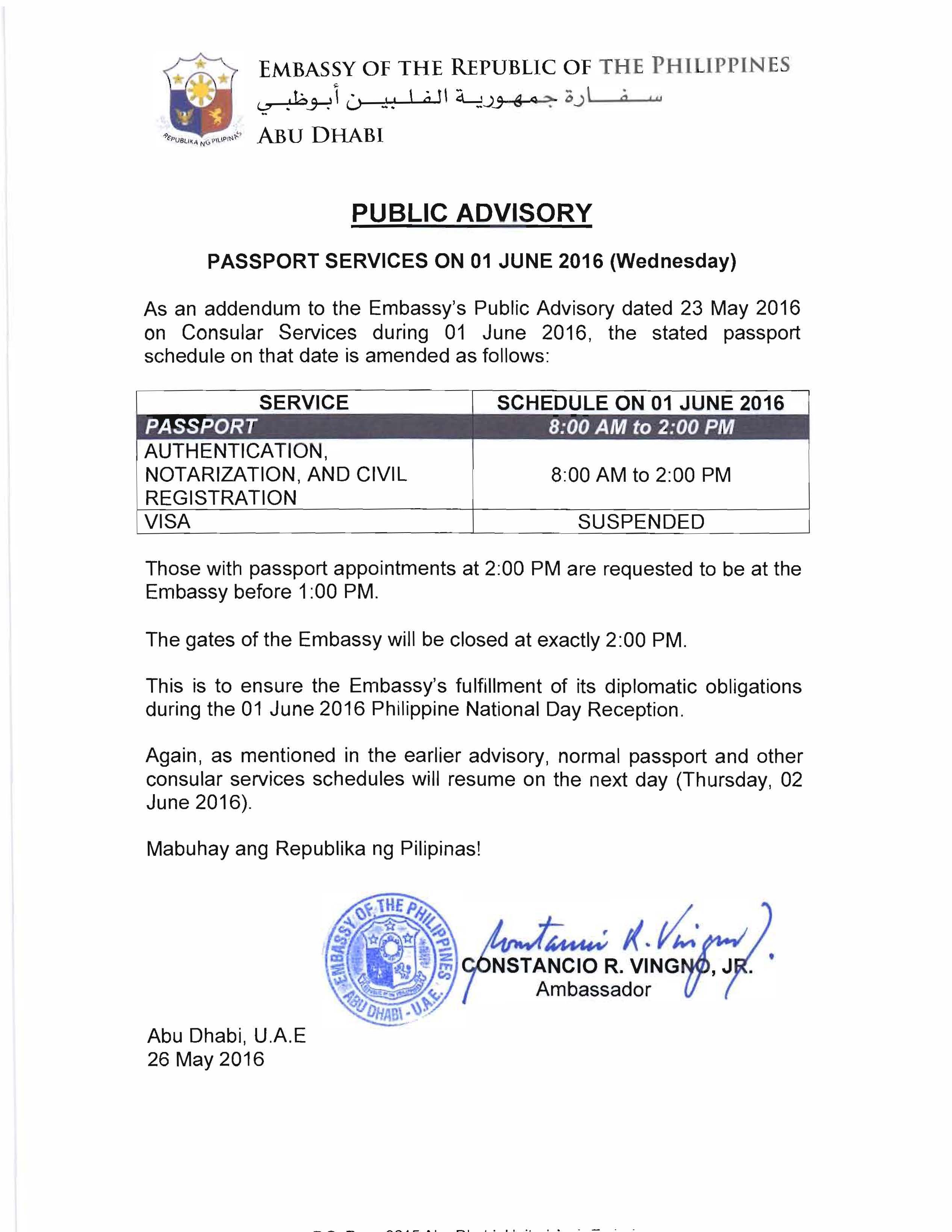 PUBLIC ADVISORY ON PASSPORT SERVICES ON 01 JUNE 2016 WEDNESDAY