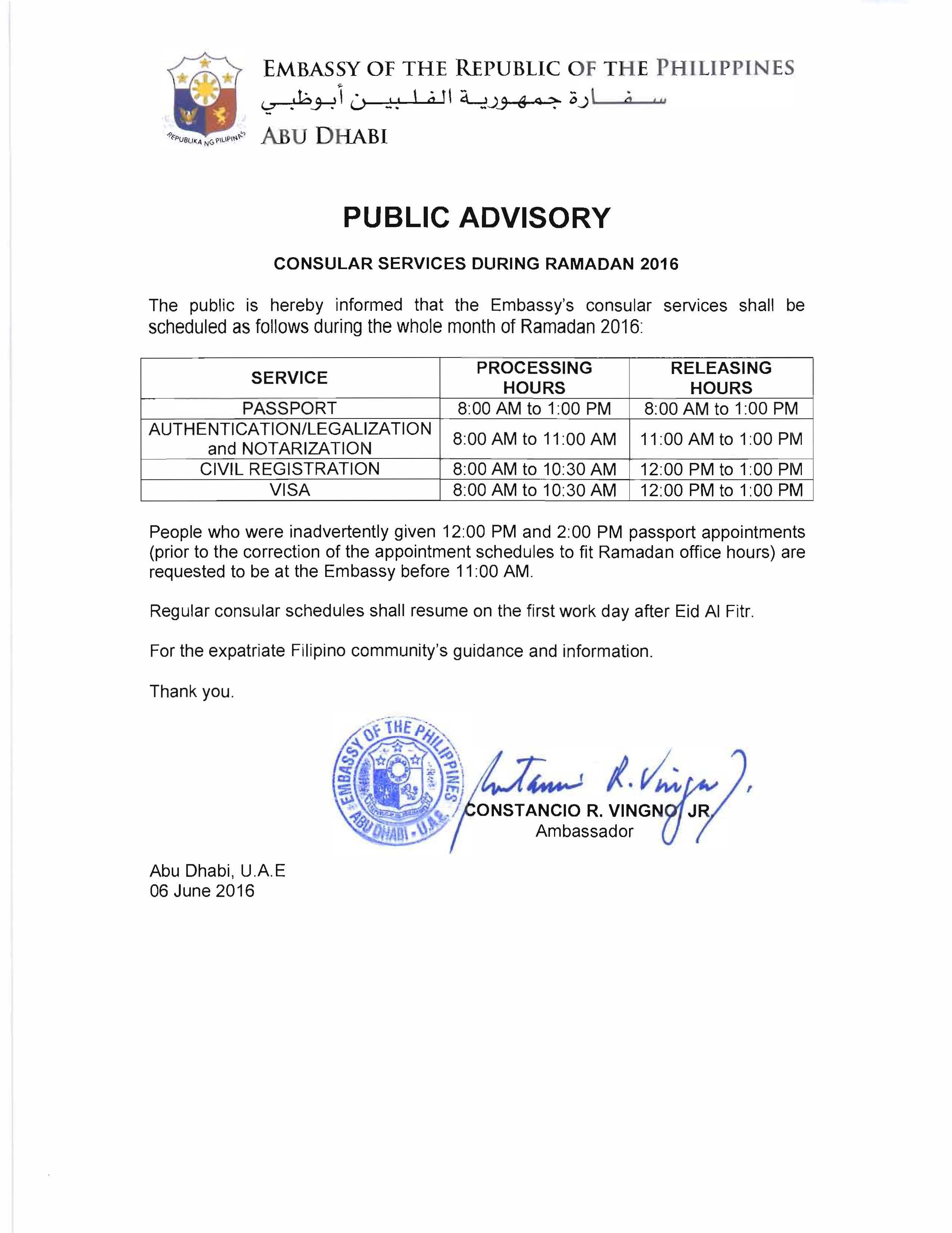 PUBLIC ADVISORY re Consular Services During Ramadan 2016