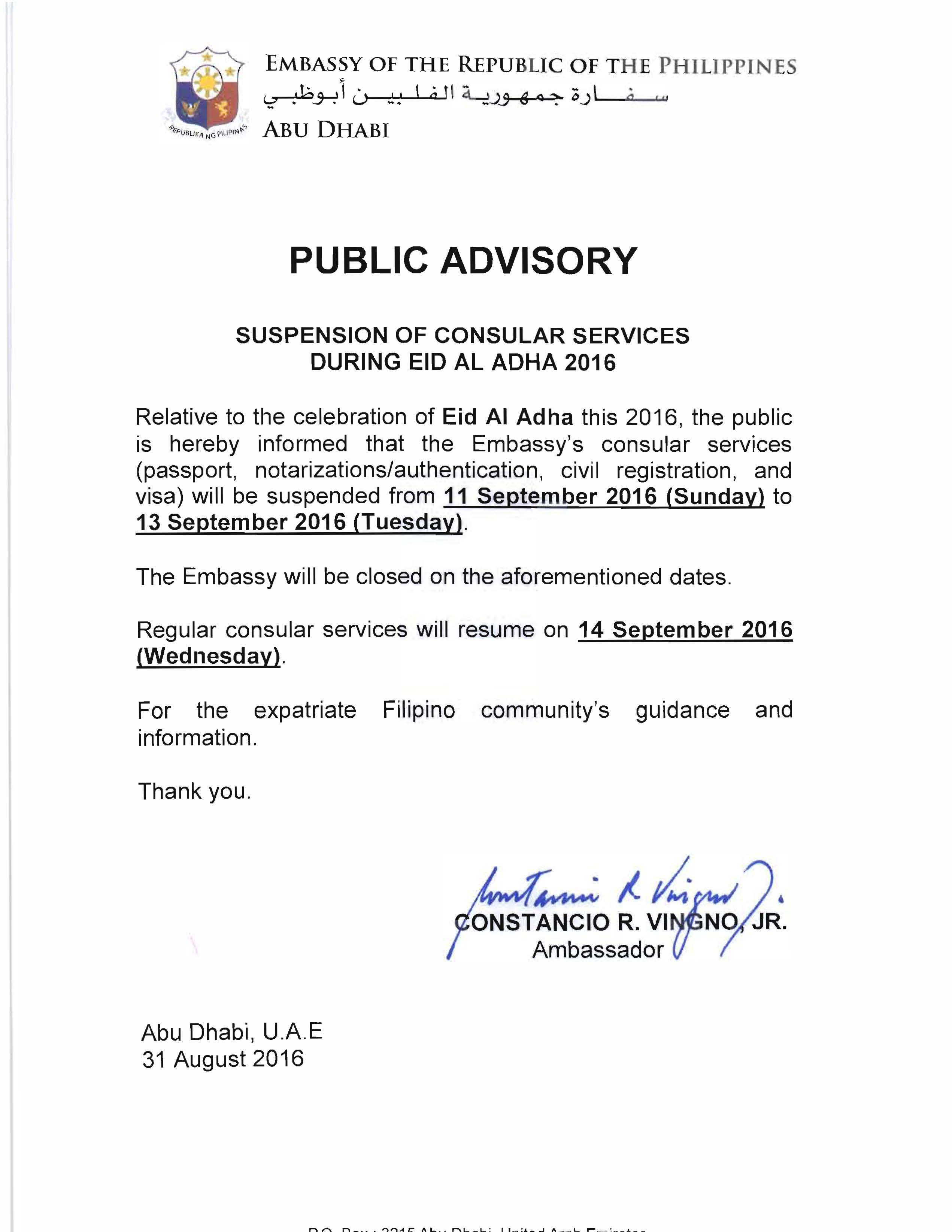 Public Advisory Suspension of Consular Services During Eid Al Adha 2016