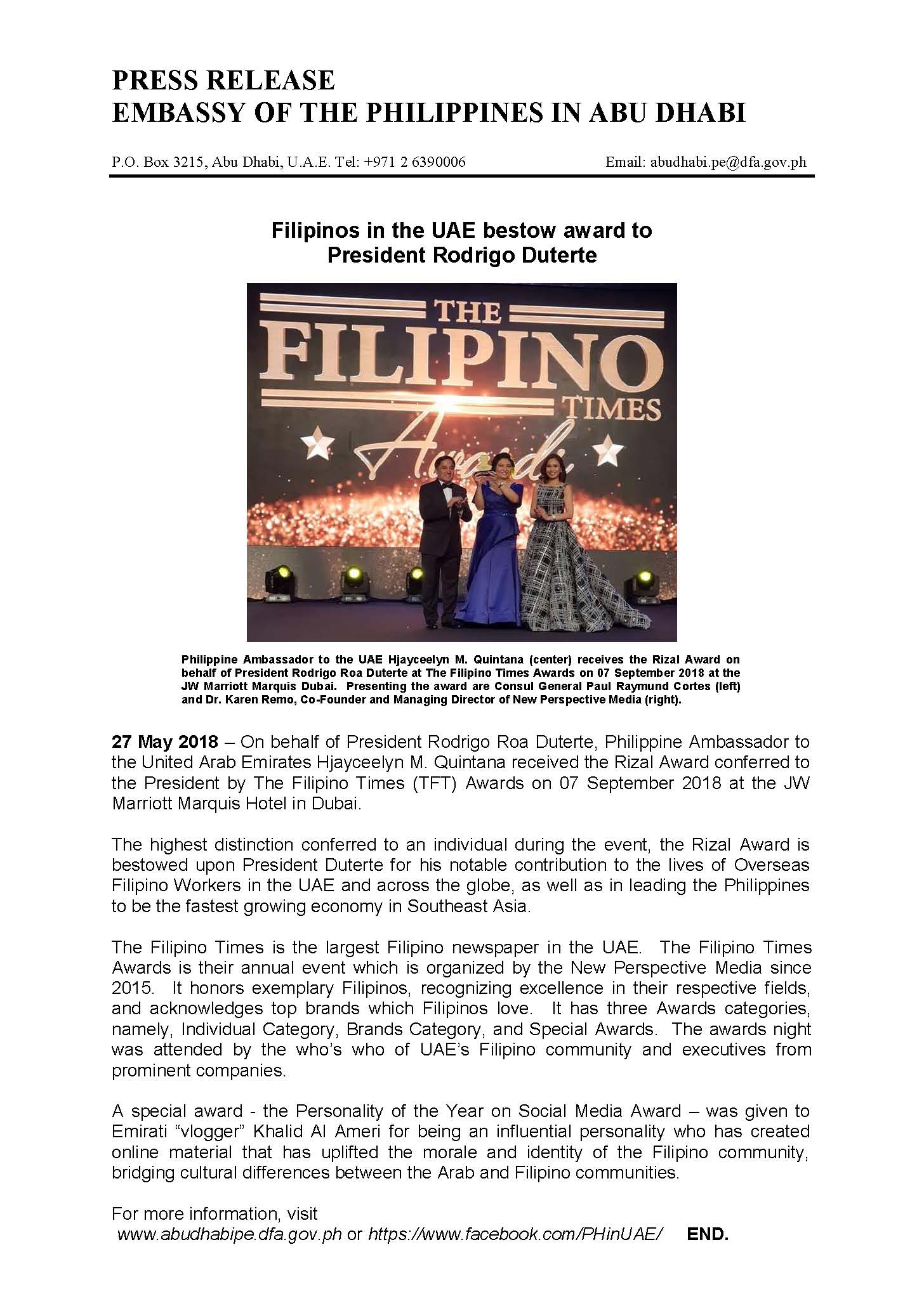 Press Release TFT Rizal Award for PRRD 180907